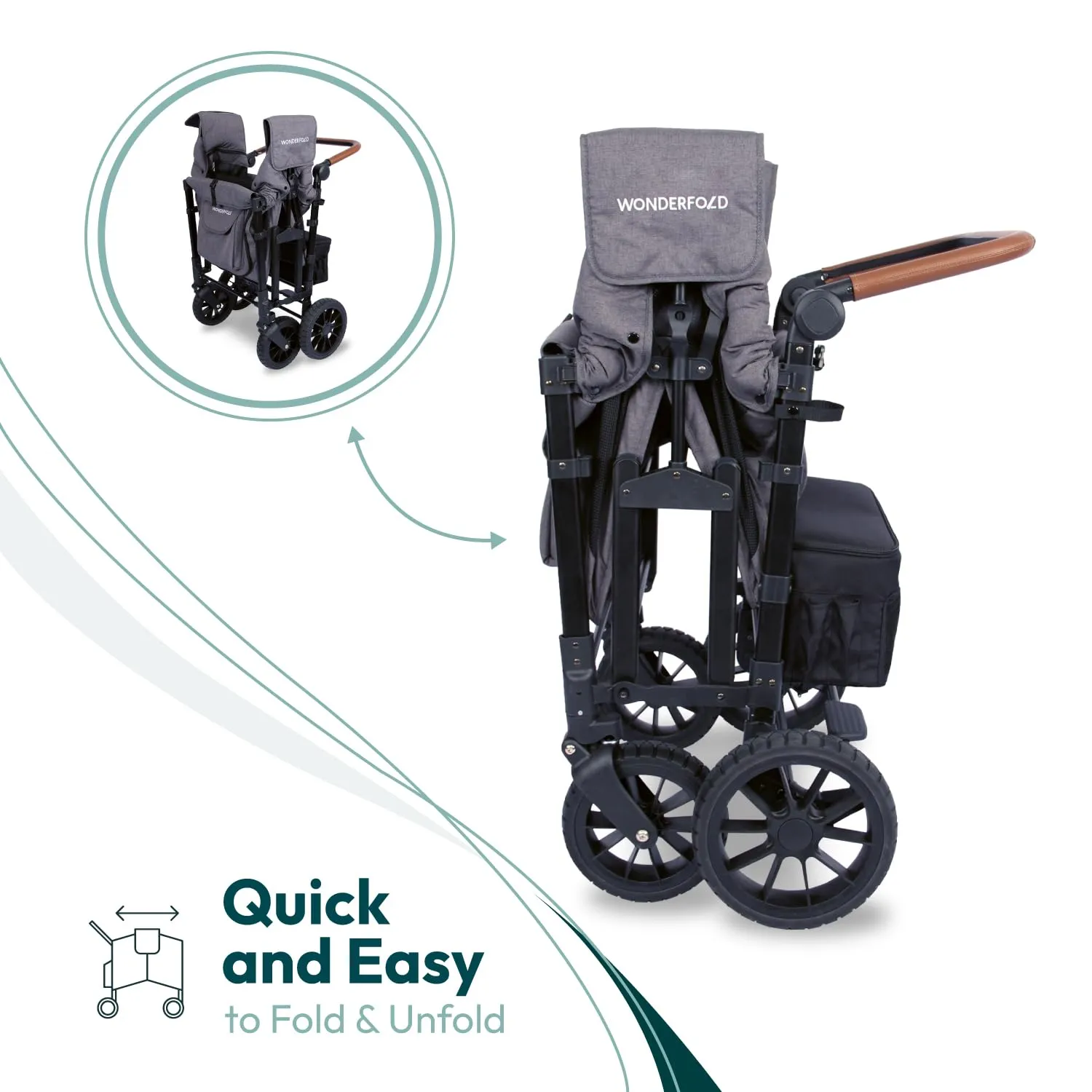 WONDERFOLD W4 Luxe Stroller Wagon (4 Seater) - Collapsible Wagon Stroller with Seats with Magnetic Buckle 5-Point Harnesses, Charcoal Gray-Black Frame