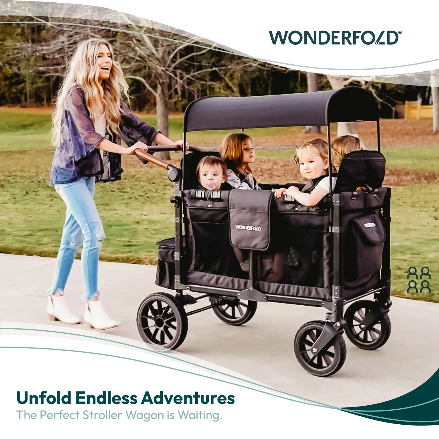 WONDERFOLD W4 Luxe Stroller Wagon (4 Seater) - Collapsible Wagon Stroller with Seats with Magnetic Buckle 5-Point Harnesses, Charcoal Gray-Black Frame