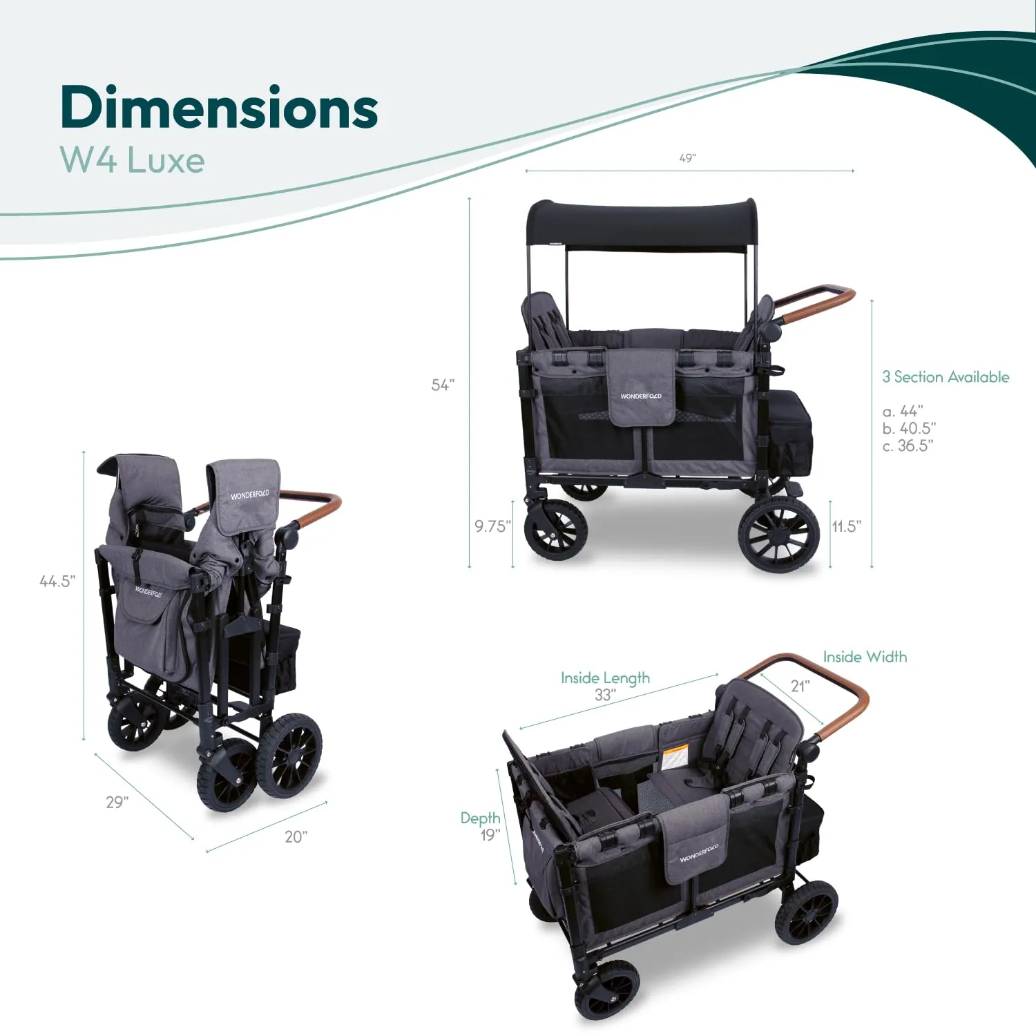 WONDERFOLD W4 Luxe Stroller Wagon (4 Seater) - Collapsible Wagon Stroller with Seats with Magnetic Buckle 5-Point Harnesses, Charcoal Gray-Black Frame