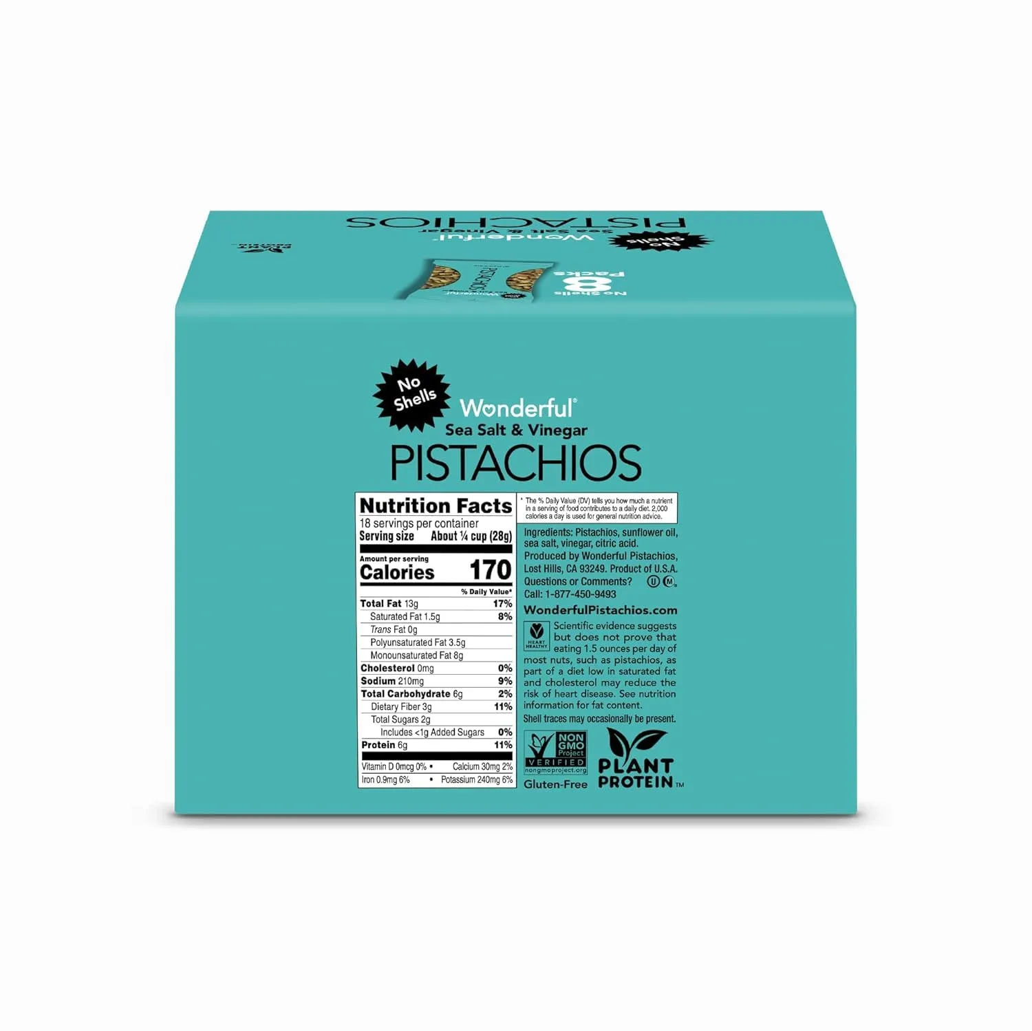 Wonderful Pistachios No Shells, Sea Salt & Vinegar Flavored Nuts, 2.25 Ounce Bag (Pack of 8), Protein Snacks, Gluten Free Snacks for Adults
