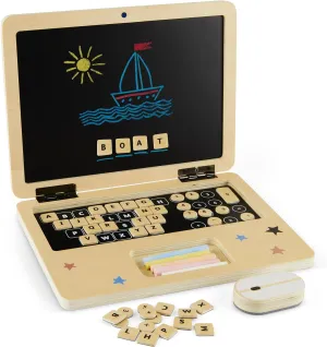 Wooden Computer Pretend Play Set - Pretend Laptop Toy for Kids, Toddlers - Montessori Learning Board for Kids (Ages 2-8) - 41 Magnetic Keys, Chalk Box, Portable Drawing & Writing Board | 11.5 x 8.5