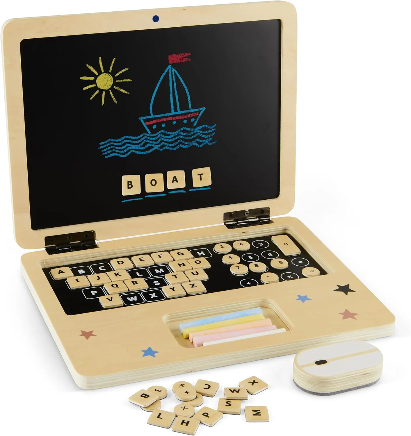 Wooden Computer Pretend Play Set - Pretend Laptop Toy for Kids, Toddlers - Montessori Learning Board for Kids (Ages 2-8) - 41 Magnetic Keys, Chalk Box, Portable Drawing & Writing Board | 11.5 x 8.5