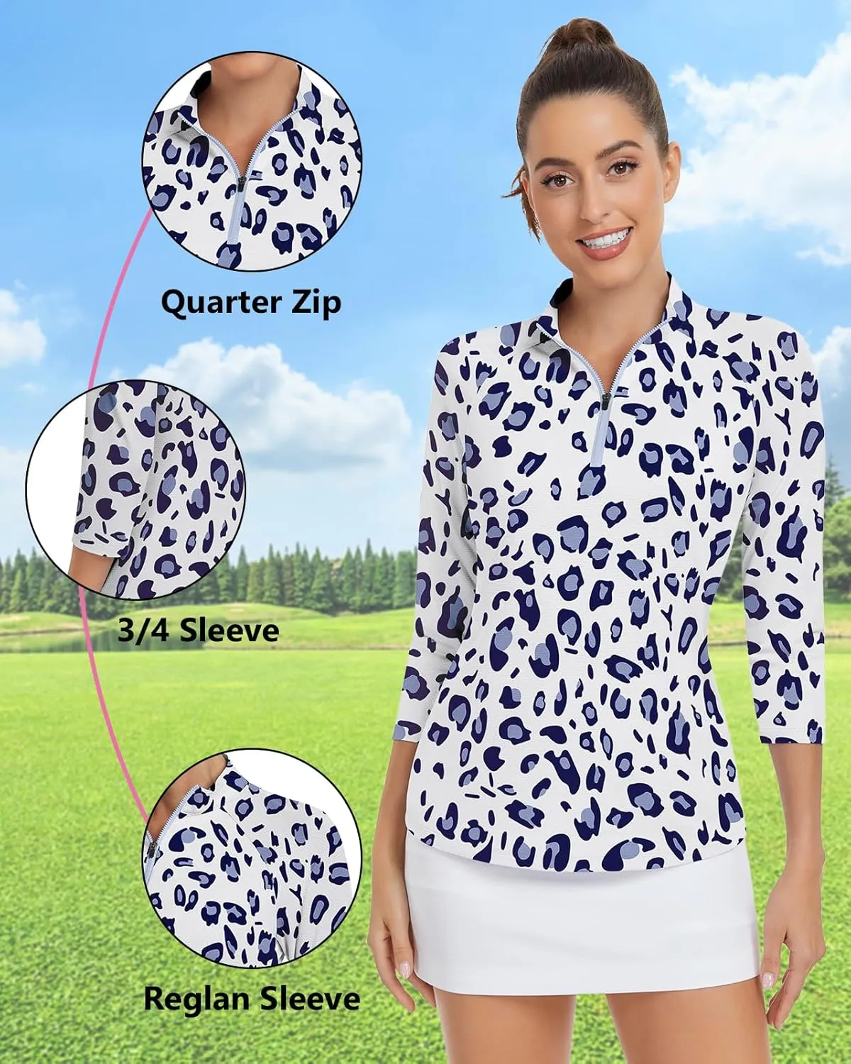 WOWENY Women's 3/4 Sleeve Athletic Golf Shirts Quarter Zip Pullover Collared T-Shirt Workout Print Tennis Top