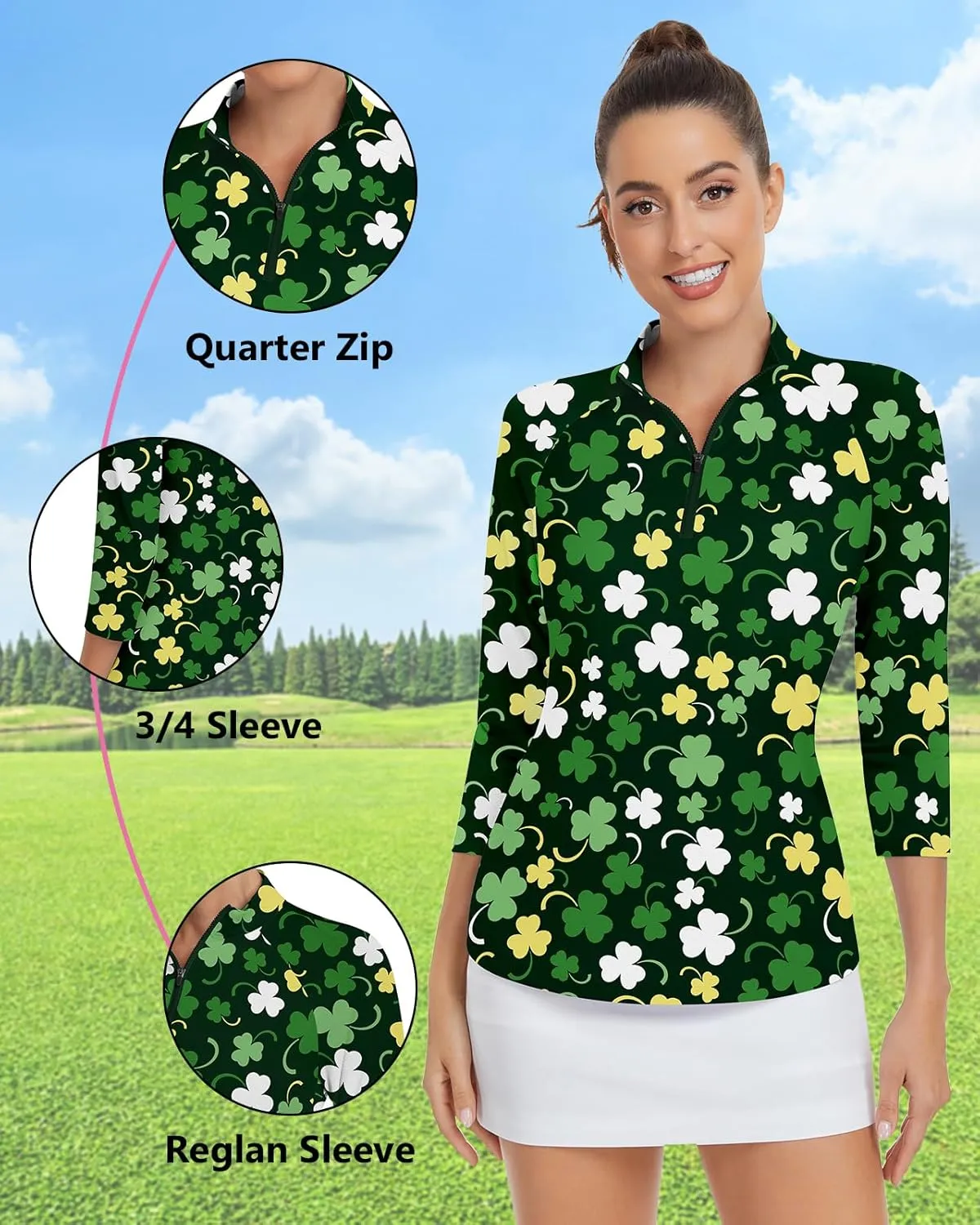 WOWENY Women's 3/4 Sleeve Athletic Golf Shirts Quarter Zip Pullover Collared T-Shirt Workout Print Tennis Top
