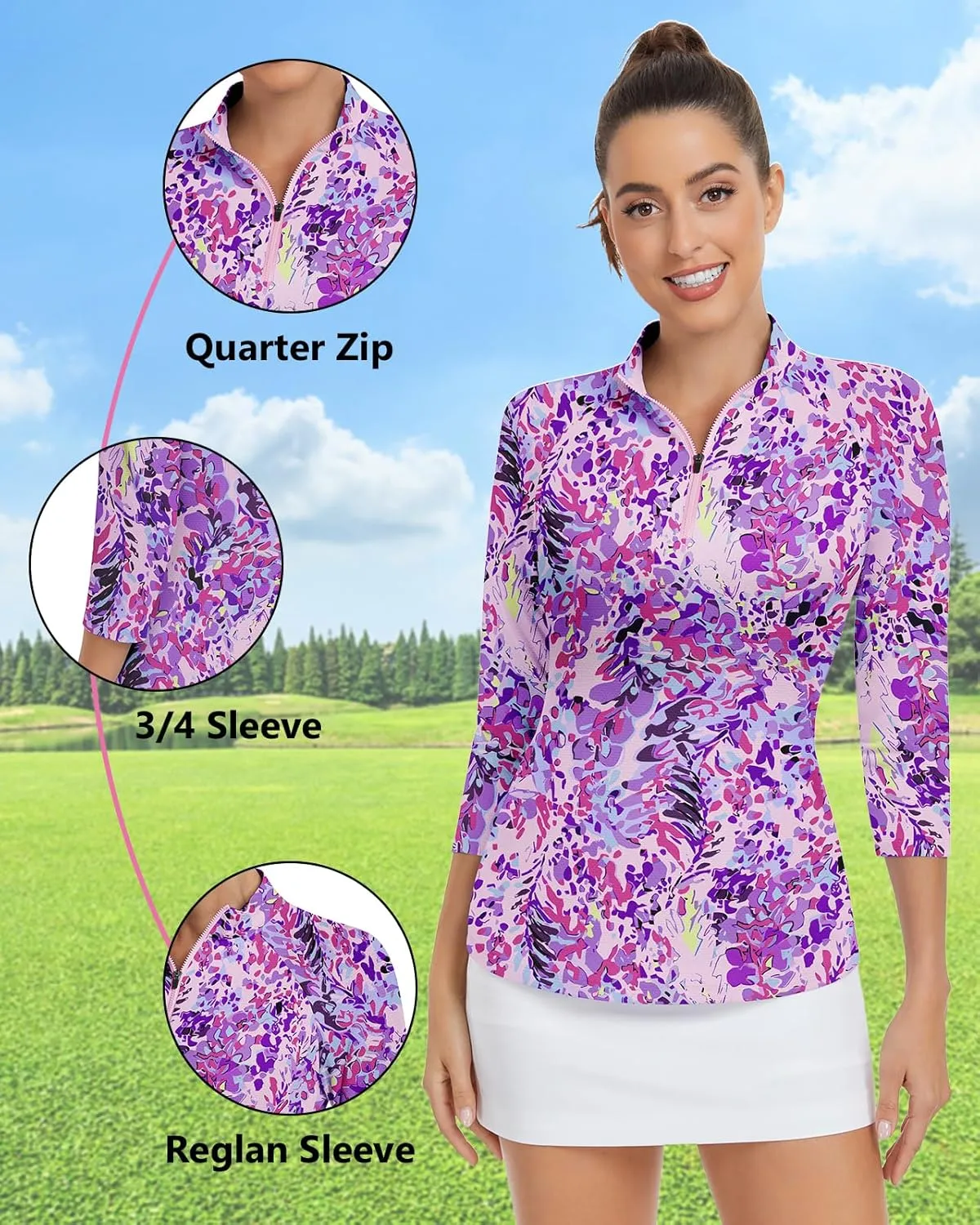 WOWENY Women's 3/4 Sleeve Athletic Golf Shirts Quarter Zip Pullover Collared T-Shirt Workout Print Tennis Top