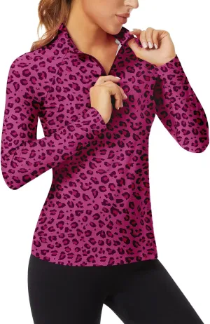 WOWENY Women's Long Sleeve Athletic Shirts Quarter Zip Pullover Collared T-Shirt Workout Print Tennis Top