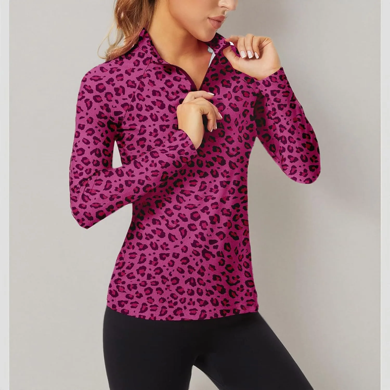 WOWENY Women's Long Sleeve Athletic Shirts Quarter Zip Pullover Collared T-Shirt Workout Print Tennis Top