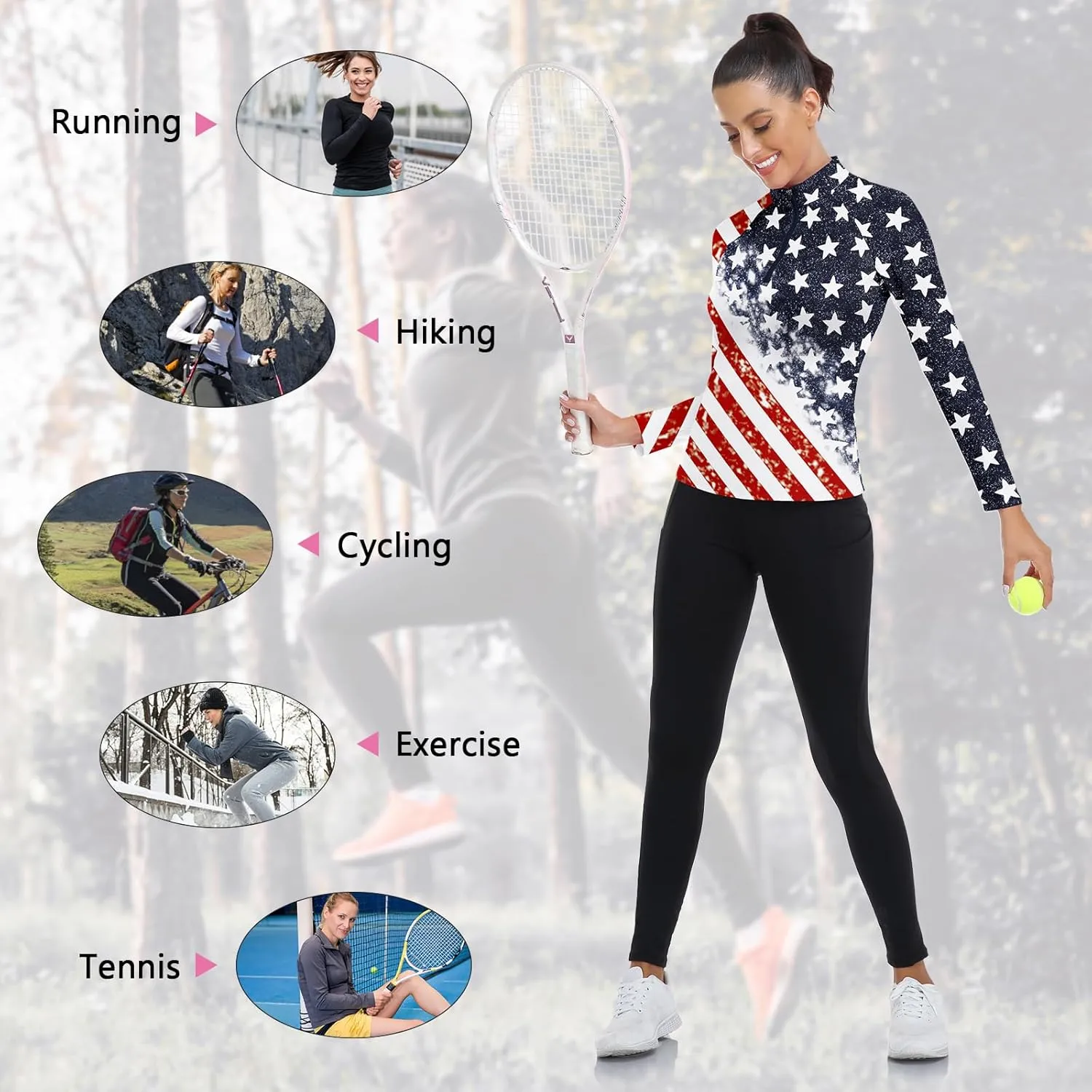 WOWENY Women's Long Sleeve Athletic Shirts Quarter Zip Pullover Collared T-Shirt Workout Print Tennis Top