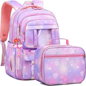 Wraifa Girls Backpack Elementary School Backpacks for Girls Cute Princess Preschool Middle School Bag Kids Bookbag (Purple With Lunch Box)