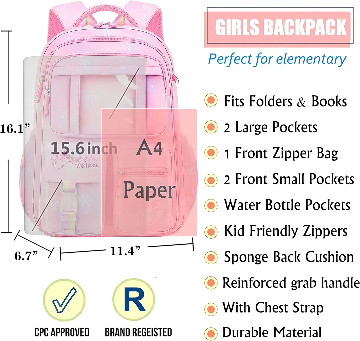 Wraifa Girls Backpack Elementary School Backpacks for Girls Cute Princess Preschool Middle School Bag Kids Bookbag (Purple With Lunch Box)