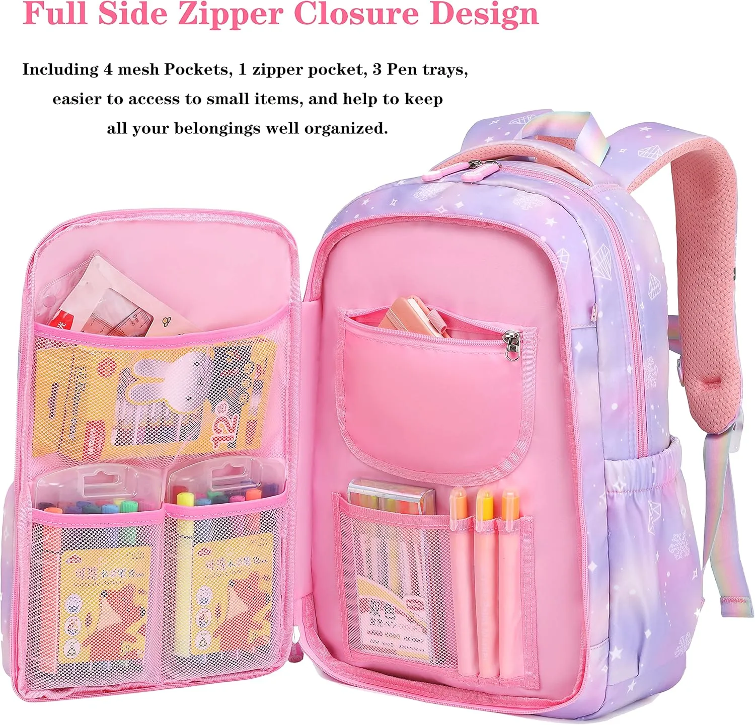 Wraifa Girls Backpack Elementary School Backpacks for Girls Cute Princess Preschool Middle School Bag Kids Bookbag (Purple With Lunch Box)