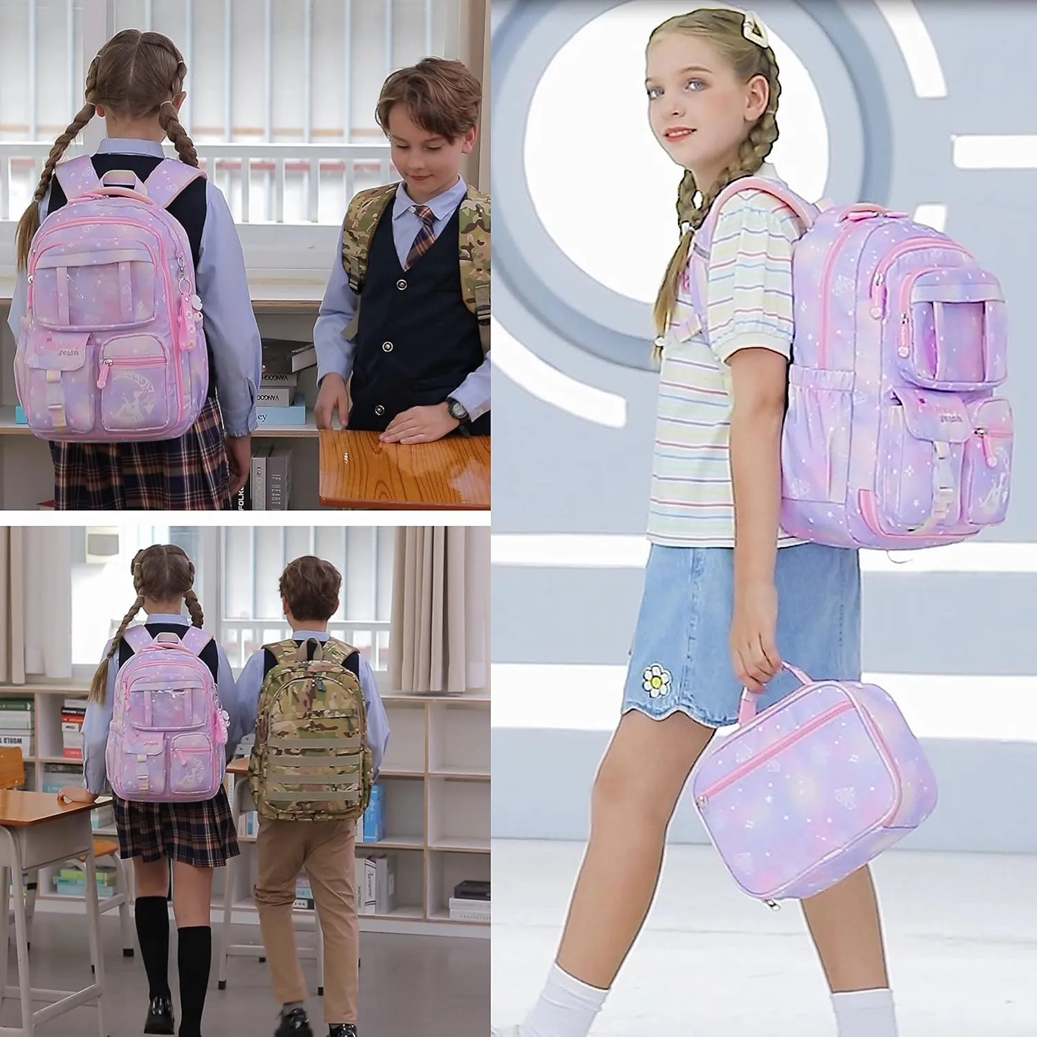 Wraifa Girls Backpack Elementary School Backpacks for Girls Cute Princess Preschool Middle School Bag Kids Bookbag (Purple With Lunch Box)