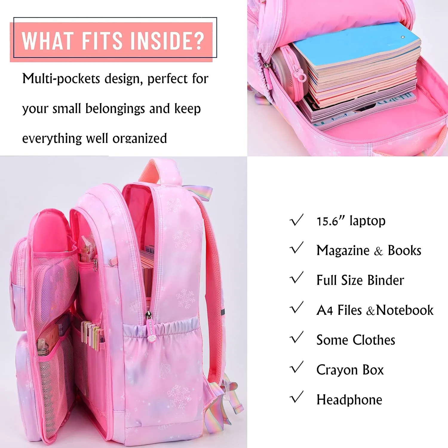 Wraifa Girls Backpack Elementary School Backpacks for Girls Cute Princess Preschool Middle School Bag Kids Bookbag (Purple With Lunch Box)