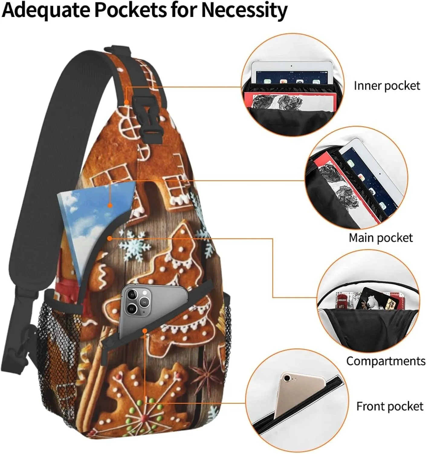WURTON Gingerbread Cookies Print Crossbody Backpack Shoulder Bag Cross Chest Bag For Travel, Hiking Gym Tactical Use, MC700