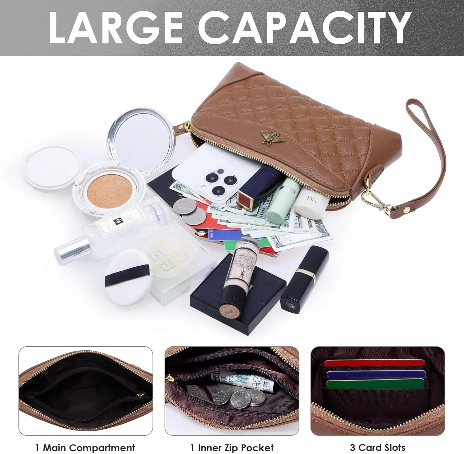 XEYOU Genuine Leather Wristlet Clutch Wallet Purses for Women Cell Phone Wallet Handbag with Removable Wristlet