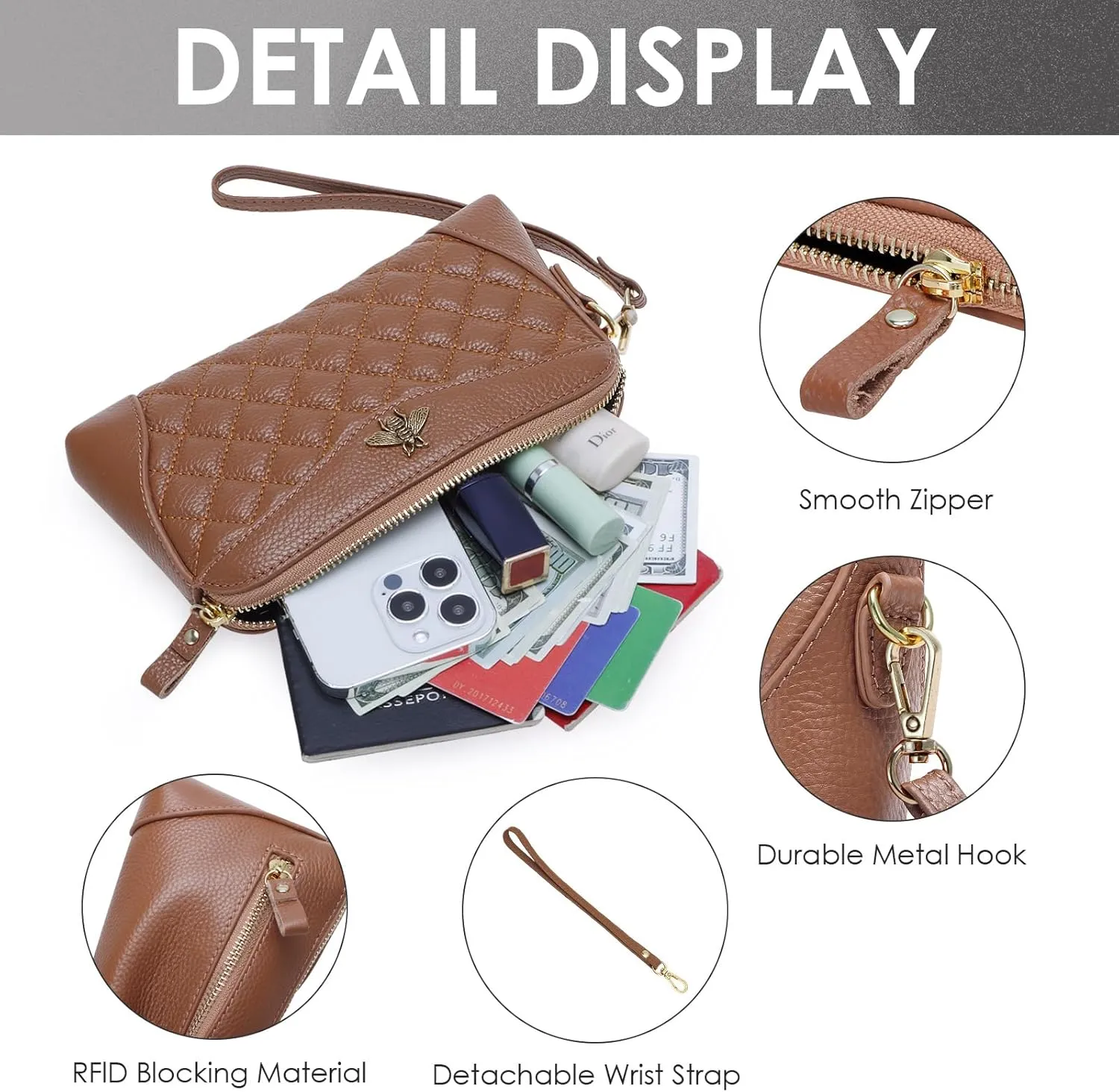 XEYOU Genuine Leather Wristlet Clutch Wallet Purses for Women Cell Phone Wallet Handbag with Removable Wristlet
