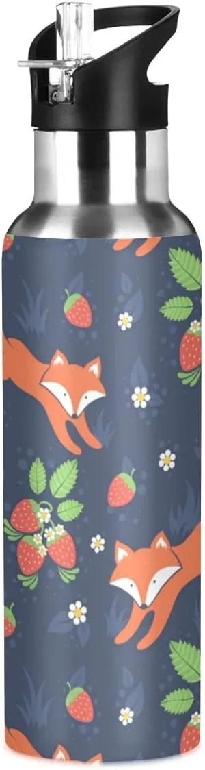 xigua Fox Sport Water Bottle with Straw Lid Double Wall Vacuum Insulated Flask Stainless Steel Water Bottle 20 oz