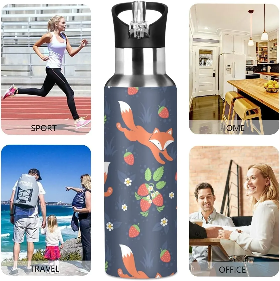 xigua Fox Sport Water Bottle with Straw Lid Double Wall Vacuum Insulated Flask Stainless Steel Water Bottle 20 oz