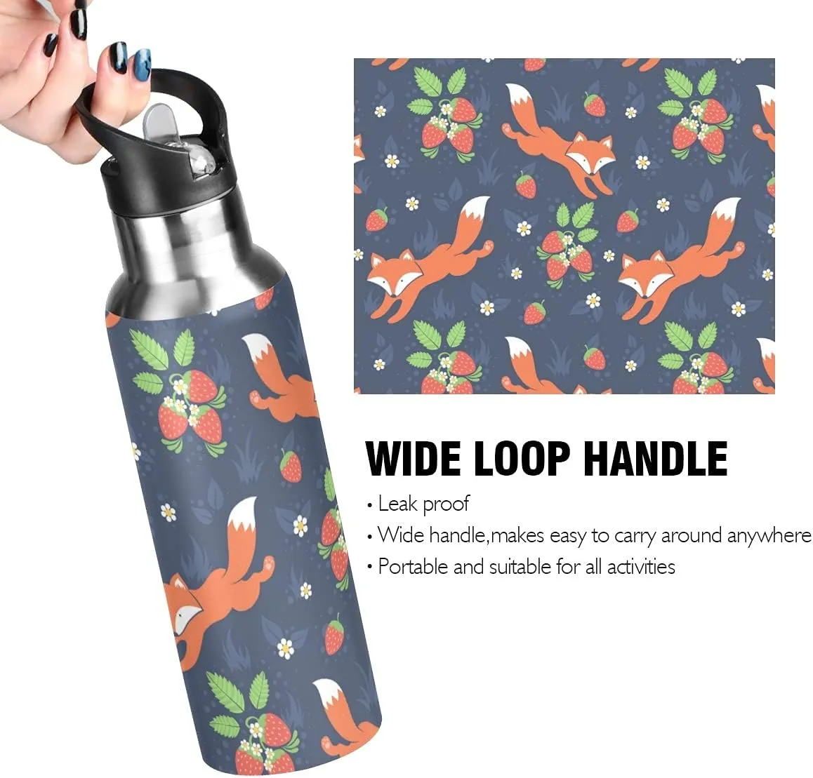 xigua Fox Sport Water Bottle with Straw Lid Double Wall Vacuum Insulated Flask Stainless Steel Water Bottle 20 oz