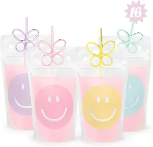 xo, Fetti Smiley Drink Pouches   Butterfly Straws - 16 count | Bday Cups, Happy Pastel Birthday Party Decorations, Cute Bachelorette Party, Cool Drinkware