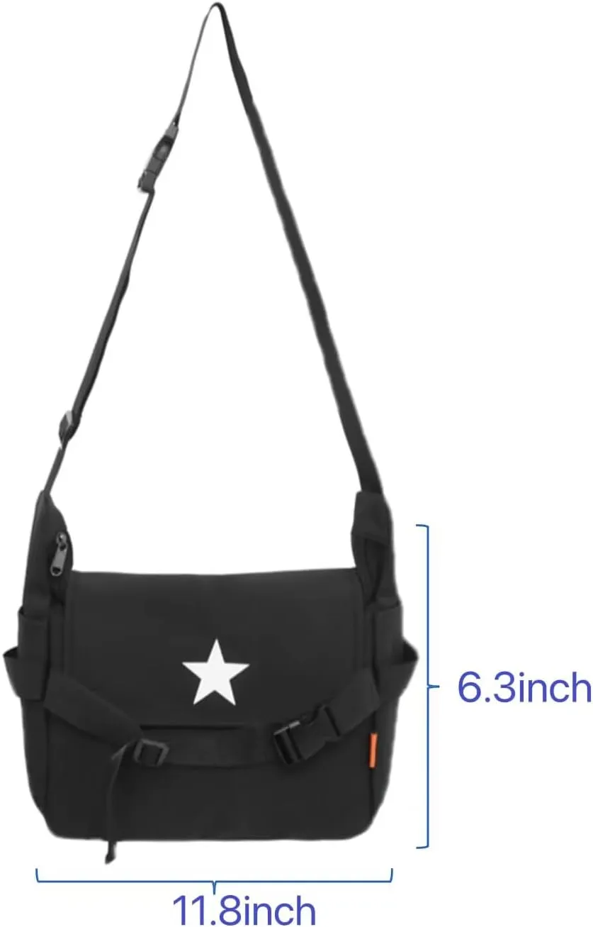 Y2K Aesthetic Crossbody Bag Star Pattern Grunge Messenger Bag Flap Zipper Closure Tote Bag Multipurpose Shoulder Bag