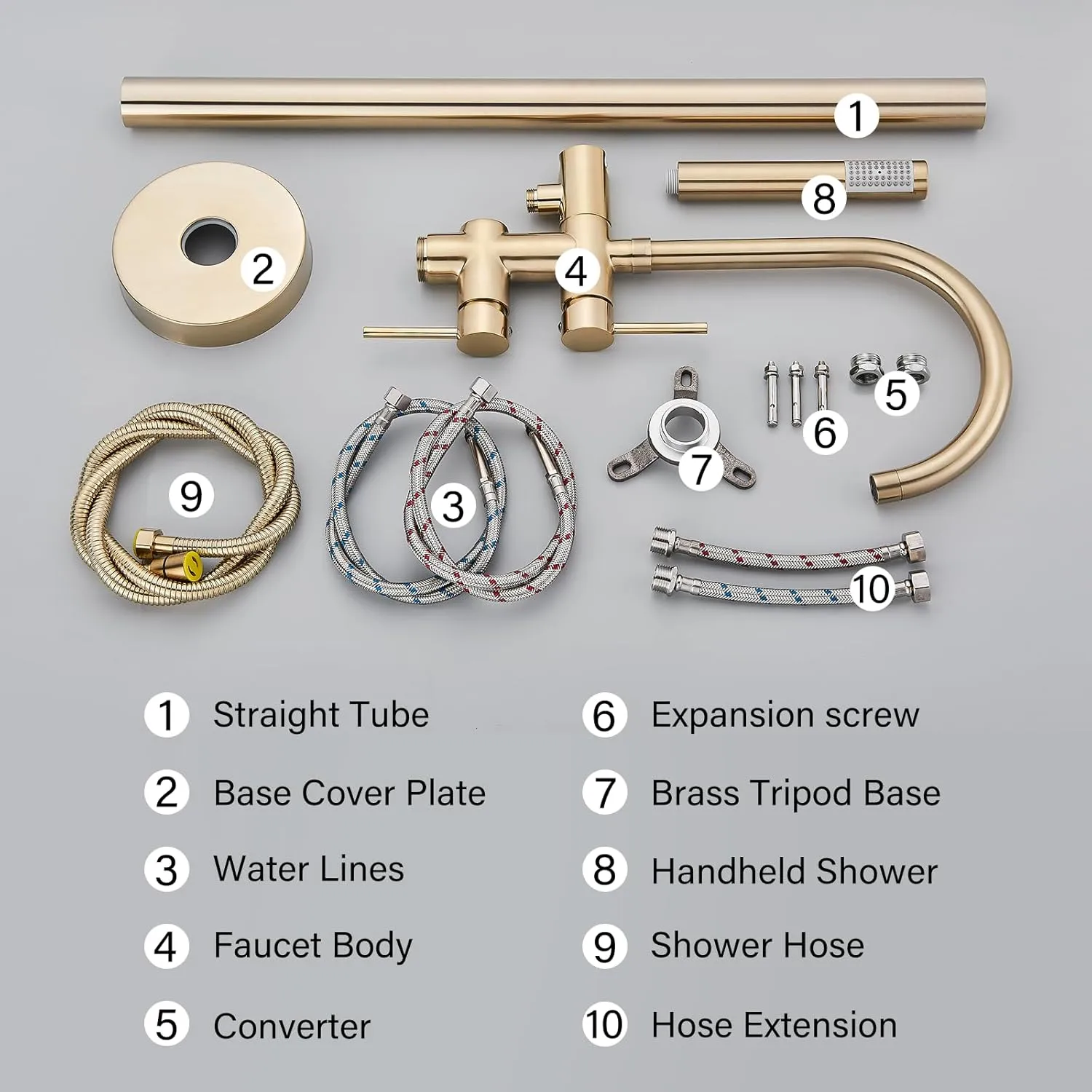 YAGATAP Freestanding Bathtub Faucet Floor Mount Tub Filler Brushed Gold High Flow Shower Faucets with Handheld Shower Mixer Taps Swivel Spout