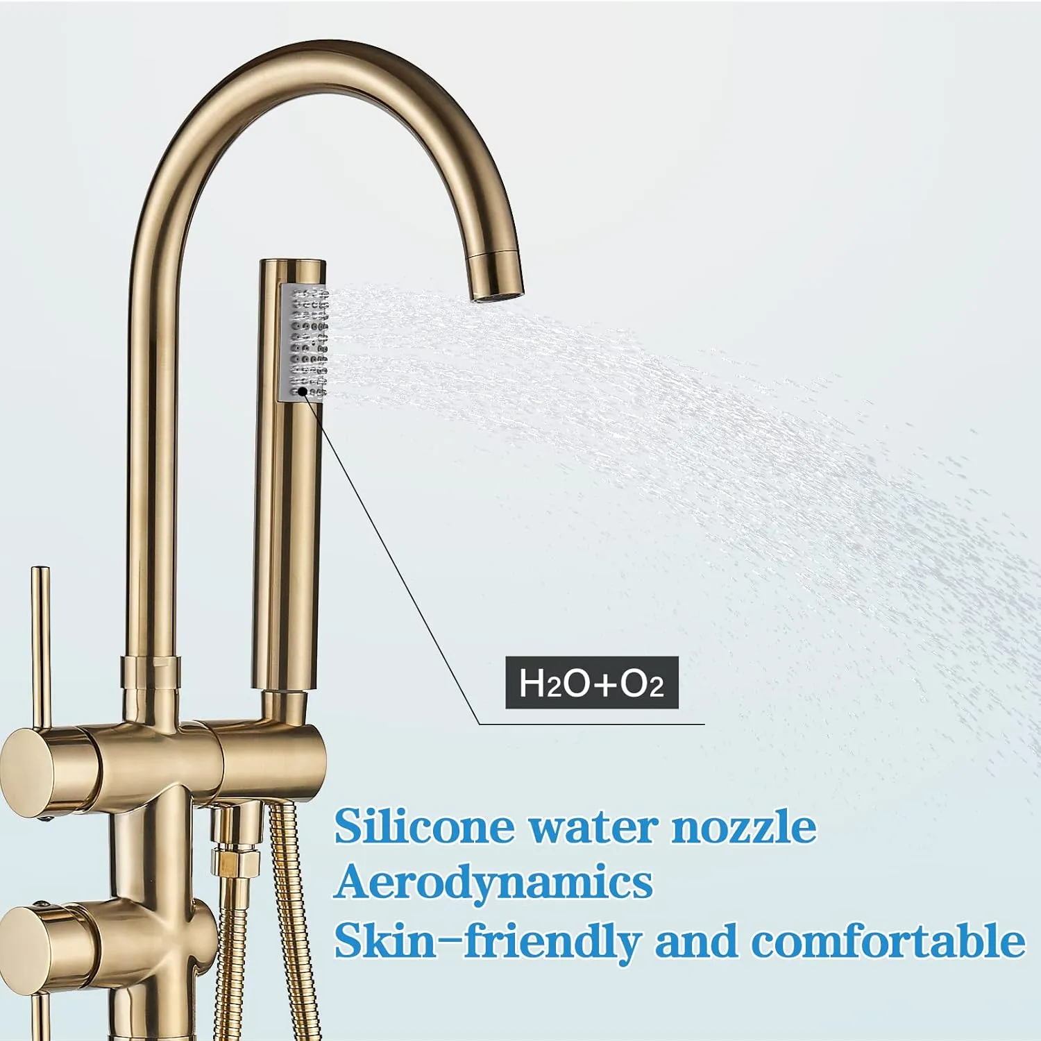 YAGATAP Freestanding Bathtub Faucet Floor Mount Tub Filler Brushed Gold High Flow Shower Faucets with Handheld Shower Mixer Taps Swivel Spout