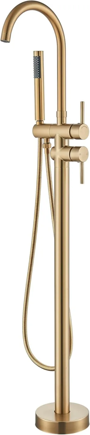 YAGATAP Freestanding Bathtub Faucet Floor Mount Tub Filler Brushed Gold High Flow Shower Faucets with Handheld Shower Mixer Taps Swivel Spout