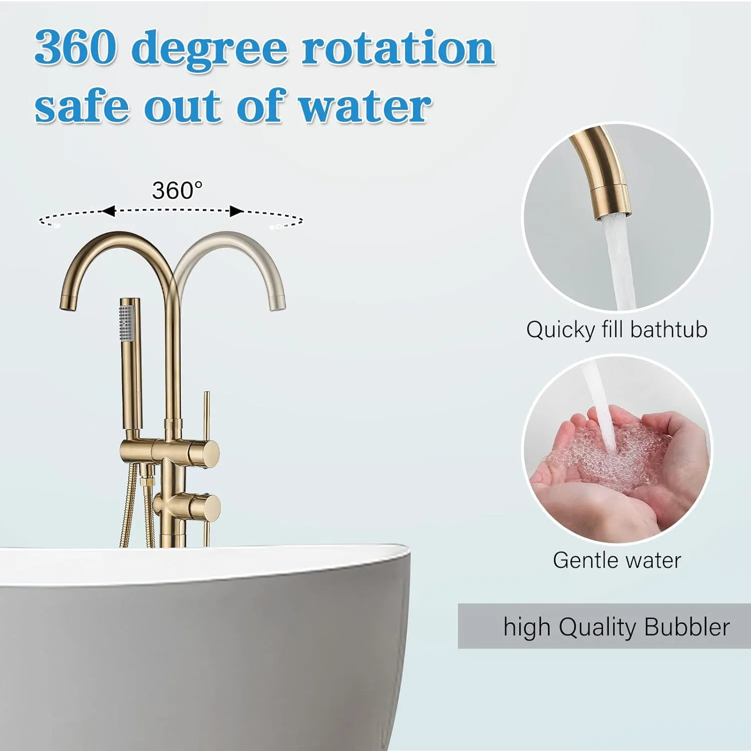 YAGATAP Freestanding Bathtub Faucet Floor Mount Tub Filler Brushed Gold High Flow Shower Faucets with Handheld Shower Mixer Taps Swivel Spout
