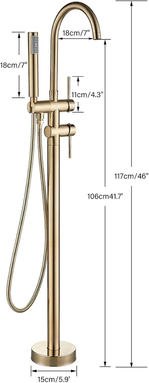 YAGATAP Freestanding Bathtub Faucet Floor Mount Tub Filler Brushed Gold High Flow Shower Faucets with Handheld Shower Mixer Taps Swivel Spout