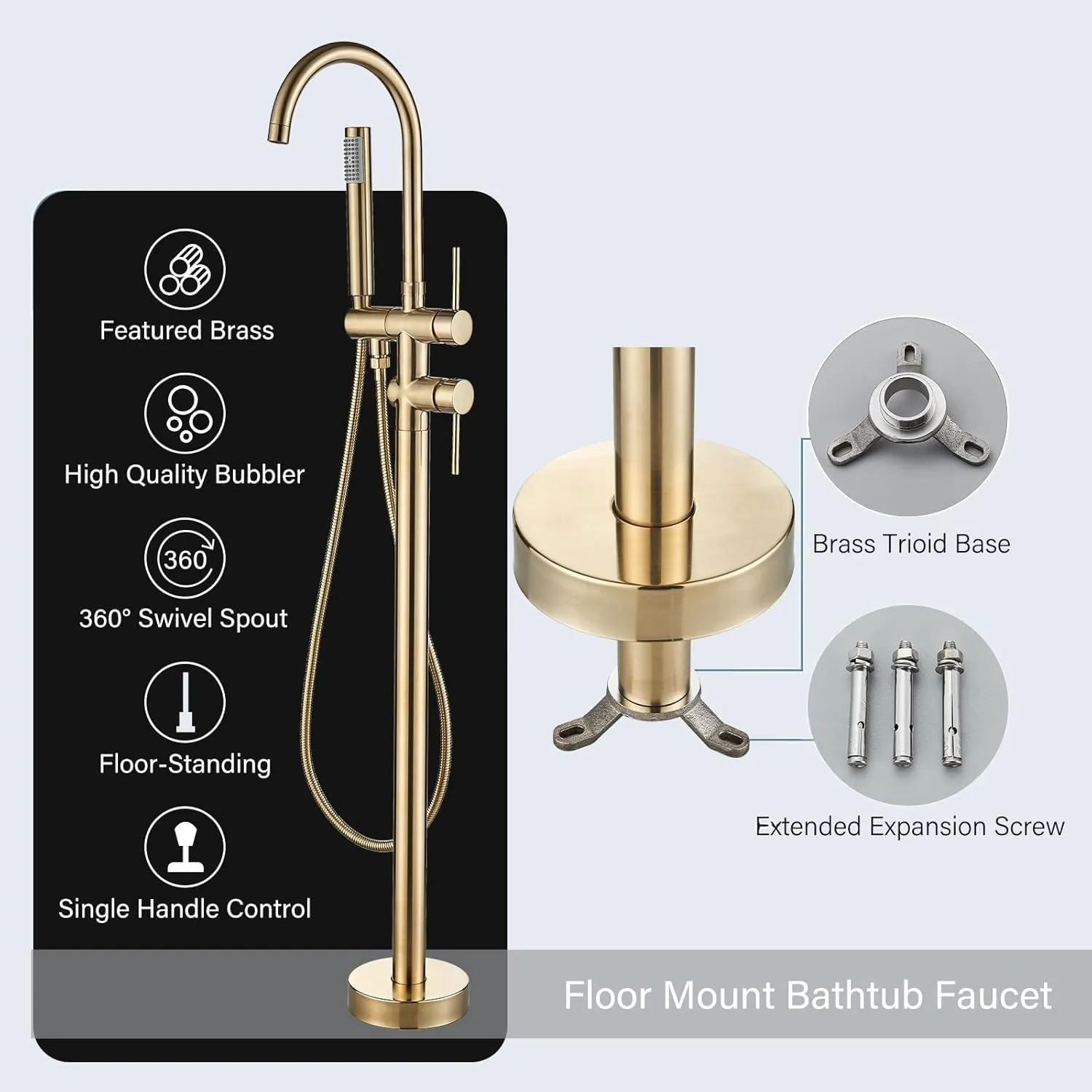 YAGATAP Freestanding Bathtub Faucet Floor Mount Tub Filler Brushed Gold High Flow Shower Faucets with Handheld Shower Mixer Taps Swivel Spout
