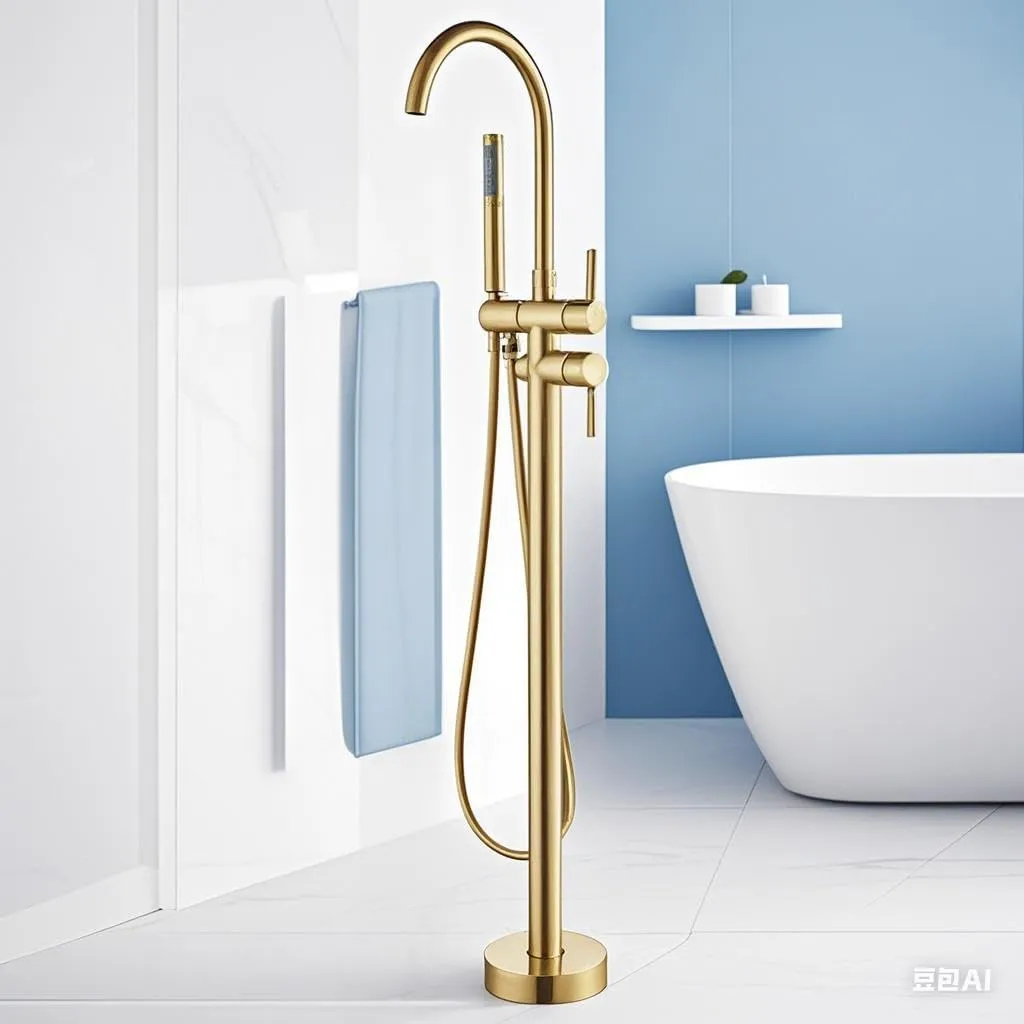 YAGATAP Freestanding Bathtub Faucet Floor Mount Tub Filler Brushed Gold High Flow Shower Faucets with Handheld Shower Mixer Taps Swivel Spout