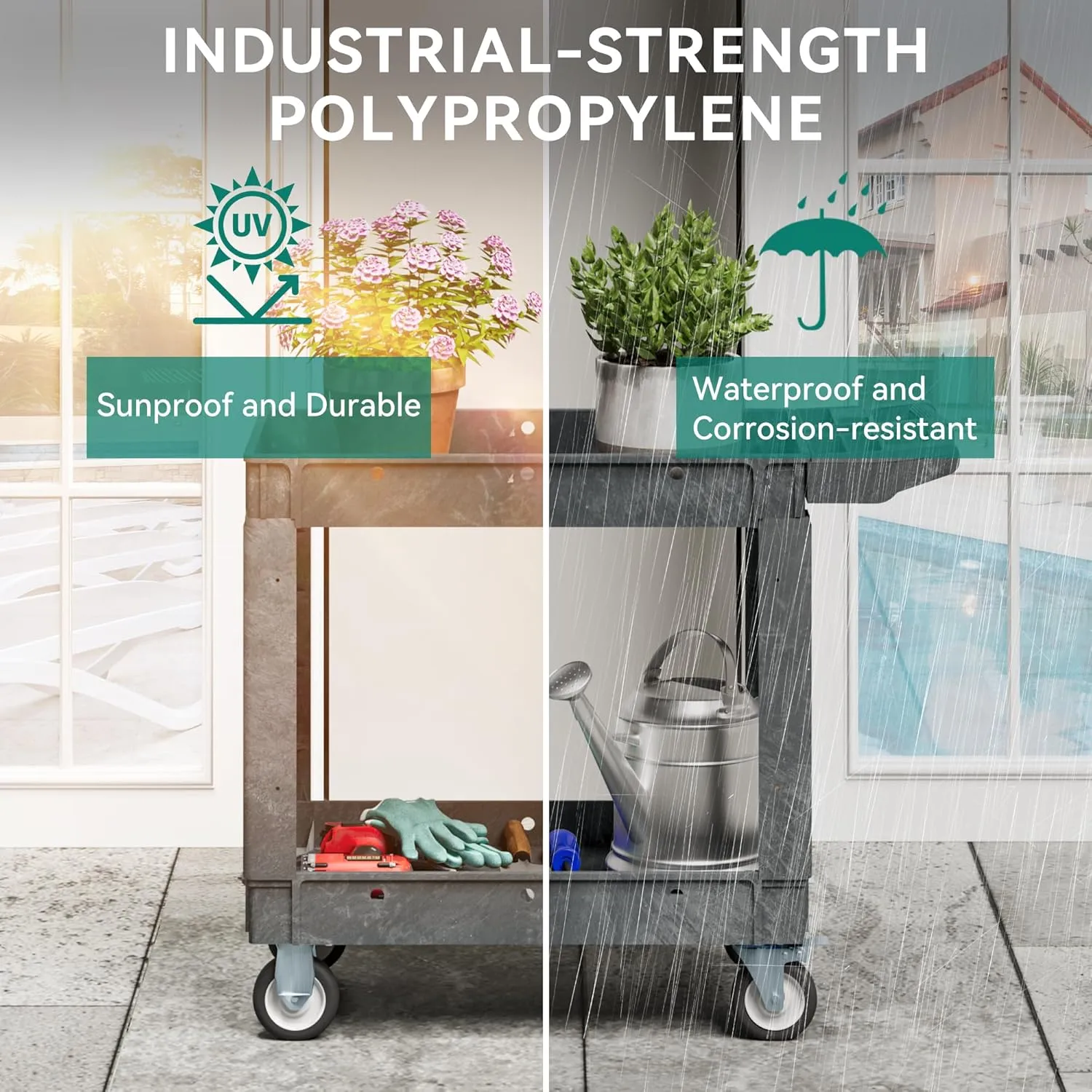 YITAHOME Heavy Duty Utiliy Cart on Wheels 550 LBS, Plastic Rolling Tool Carts with Wheels, 2 Shelves Service Cart, Gray Push Maintenance Carts for Garage, Home, Restaurant, Jobsite, Office