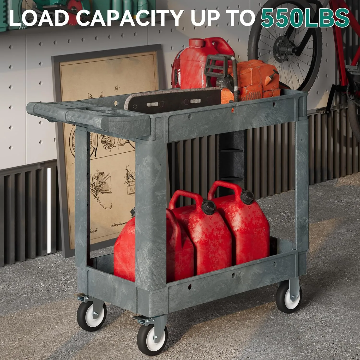 YITAHOME Heavy Duty Utiliy Cart on Wheels 550 LBS, Plastic Rolling Tool Carts with Wheels, 2 Shelves Service Cart, Gray Push Maintenance Carts for Garage, Home, Restaurant, Jobsite, Office
