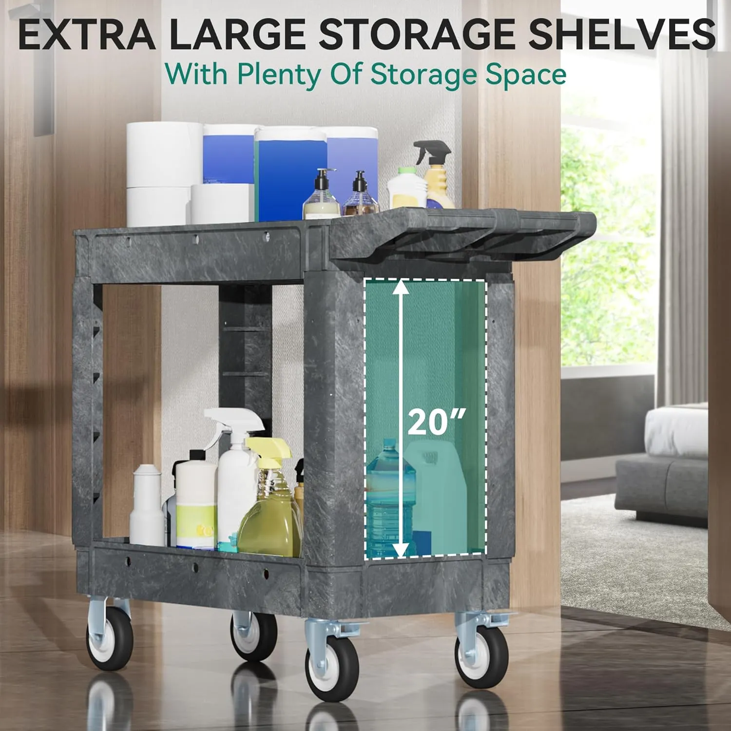 YITAHOME Heavy Duty Utiliy Cart on Wheels 550 LBS, Plastic Rolling Tool Carts with Wheels, 2 Shelves Service Cart, Gray Push Maintenance Carts for Garage, Home, Restaurant, Jobsite, Office