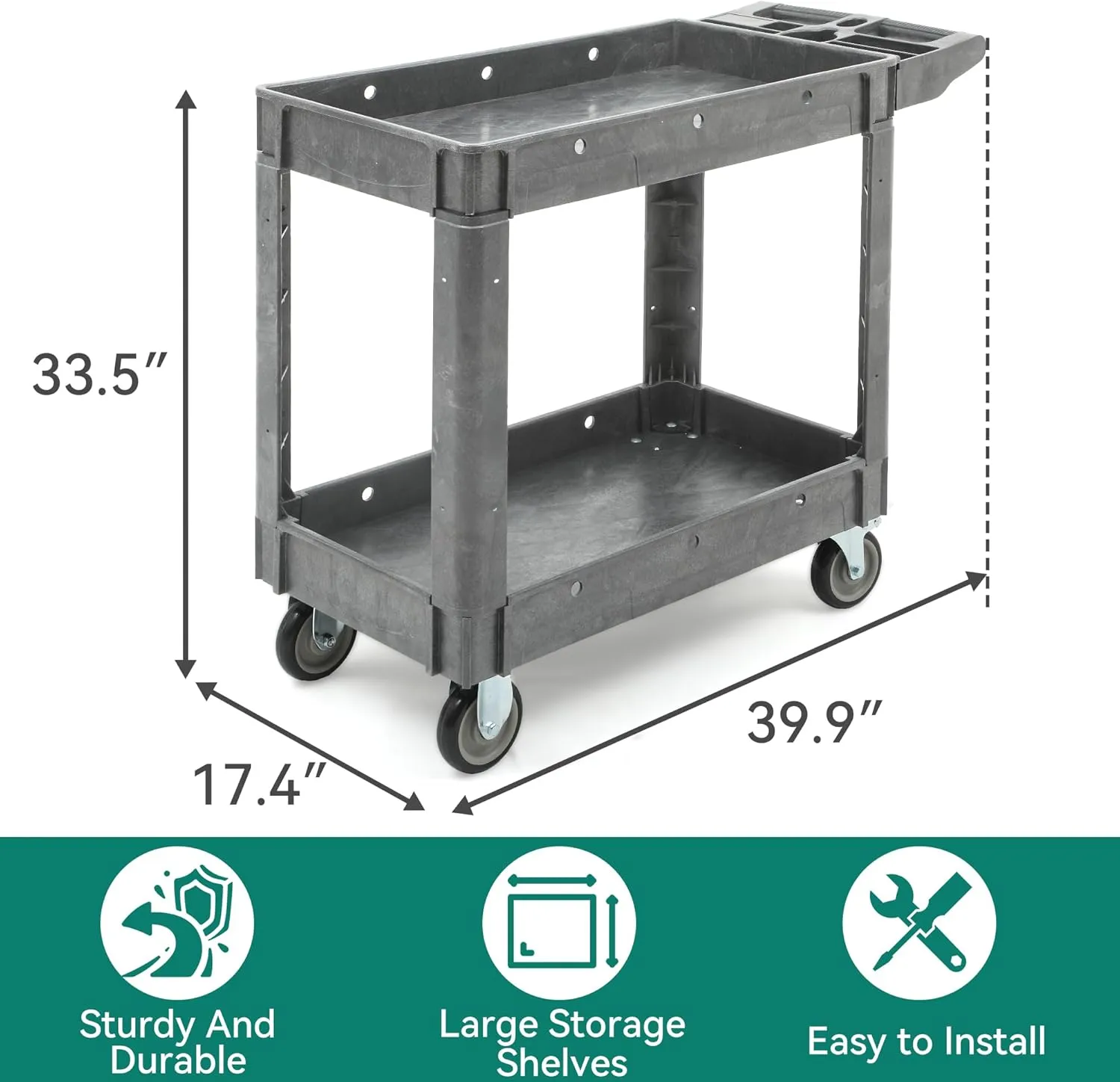 YITAHOME Heavy Duty Utiliy Cart on Wheels 550 LBS, Plastic Rolling Tool Carts with Wheels, 2 Shelves Service Cart, Gray Push Maintenance Carts for Garage, Home, Restaurant, Jobsite, Office