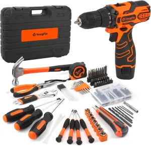 YOUGFIN Tool Kit with Drill 12V, Home Tool Set with Cordless Drill for Men, Power Drill Tool Box with 195 Pieces Household Hand Tools for Office (with 2.0Ah Battery & Charger)