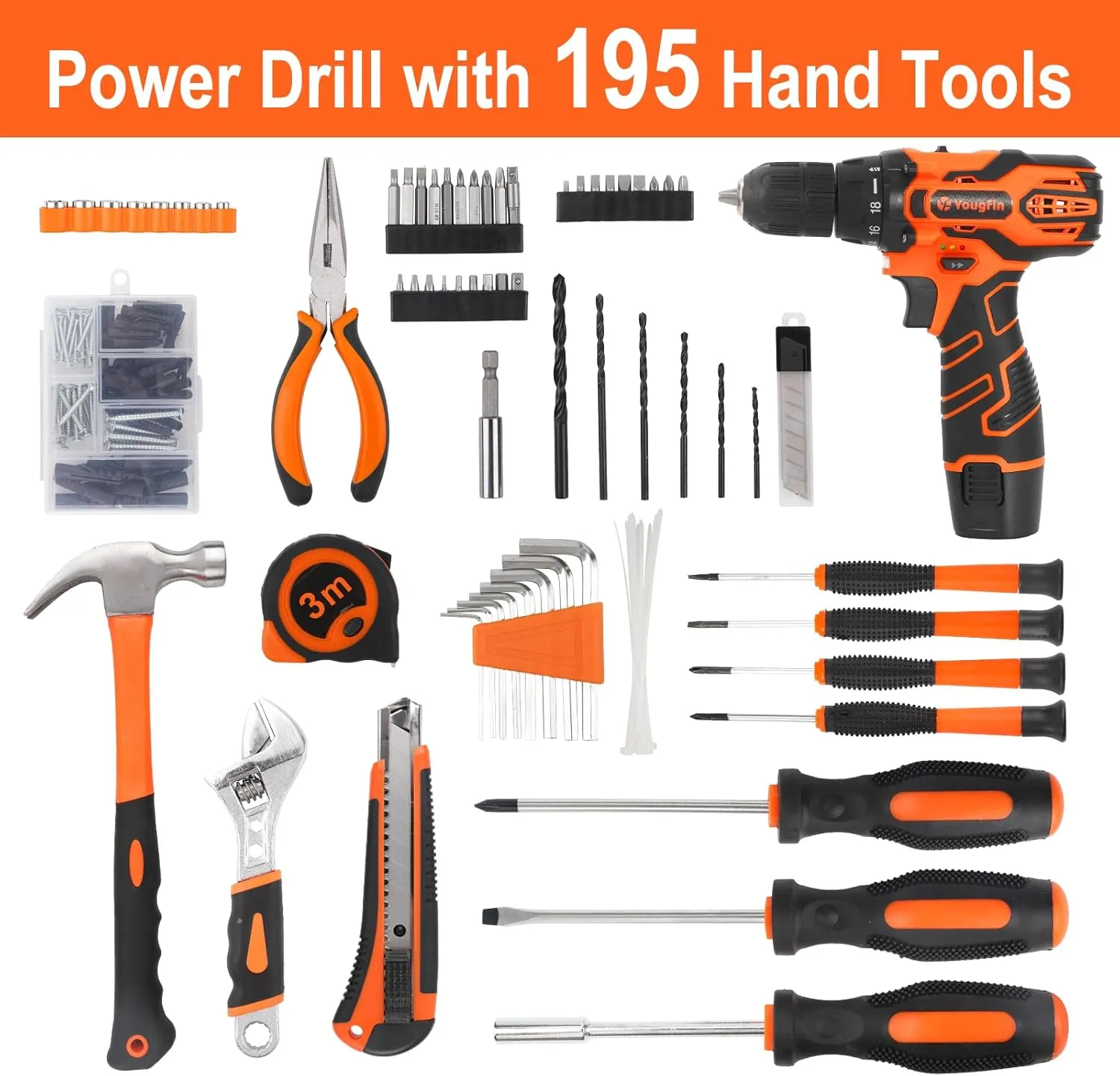 YOUGFIN Tool Kit with Drill 12V, Home Tool Set with Cordless Drill for Men, Power Drill Tool Box with 195 Pieces Household Hand Tools for Office (with 2.0Ah Battery & Charger)