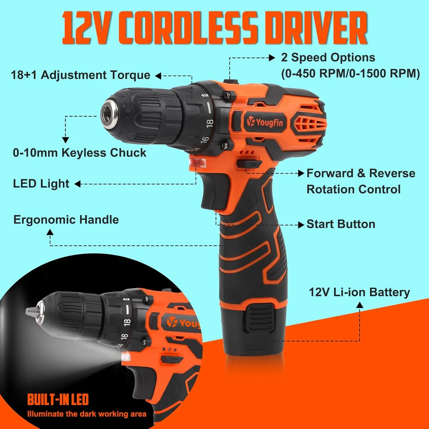 YOUGFIN Tool Kit with Drill 12V, Home Tool Set with Cordless Drill for Men, Power Drill Tool Box with 195 Pieces Household Hand Tools for Office (with 2.0Ah Battery & Charger)