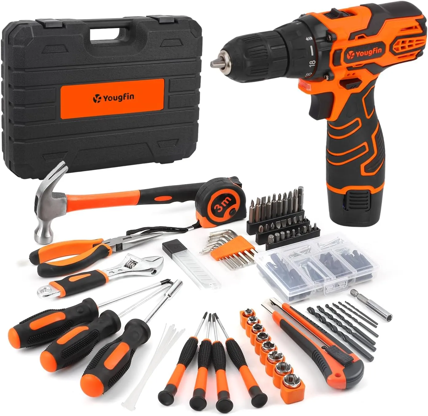 YOUGFIN Tool Kit with Drill 12V, Home Tool Set with Cordless Drill for Men, Power Drill Tool Box with 195 Pieces Household Hand Tools for Office (with 2.0Ah Battery & Charger)