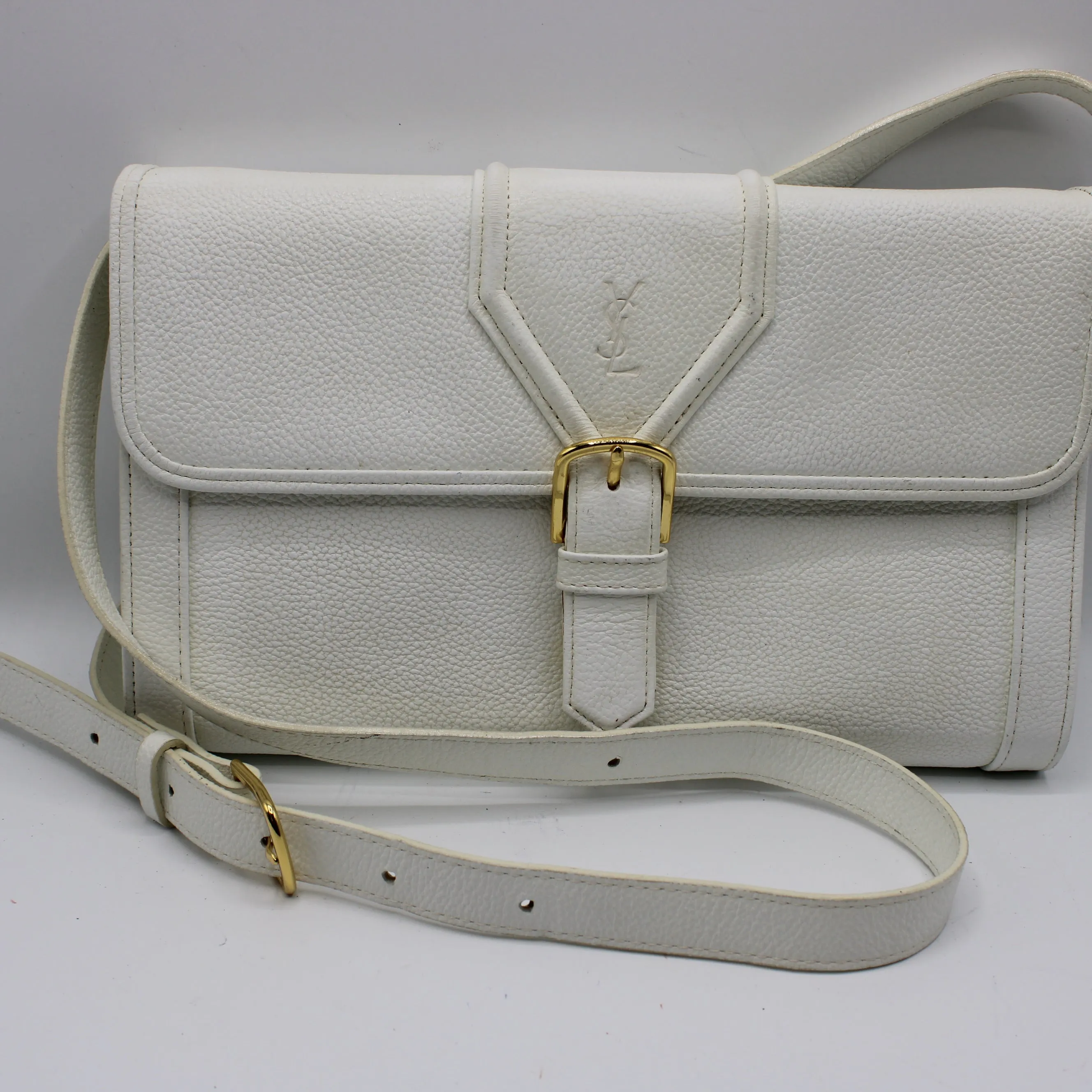 Yves Saint Laurent White Leather Gold Buckle Crossbody Clutch Bag