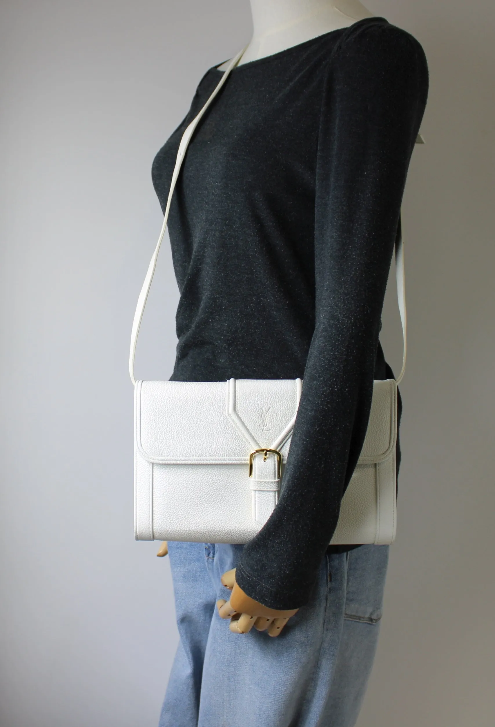 Yves Saint Laurent White Leather Gold Buckle Crossbody Clutch Bag