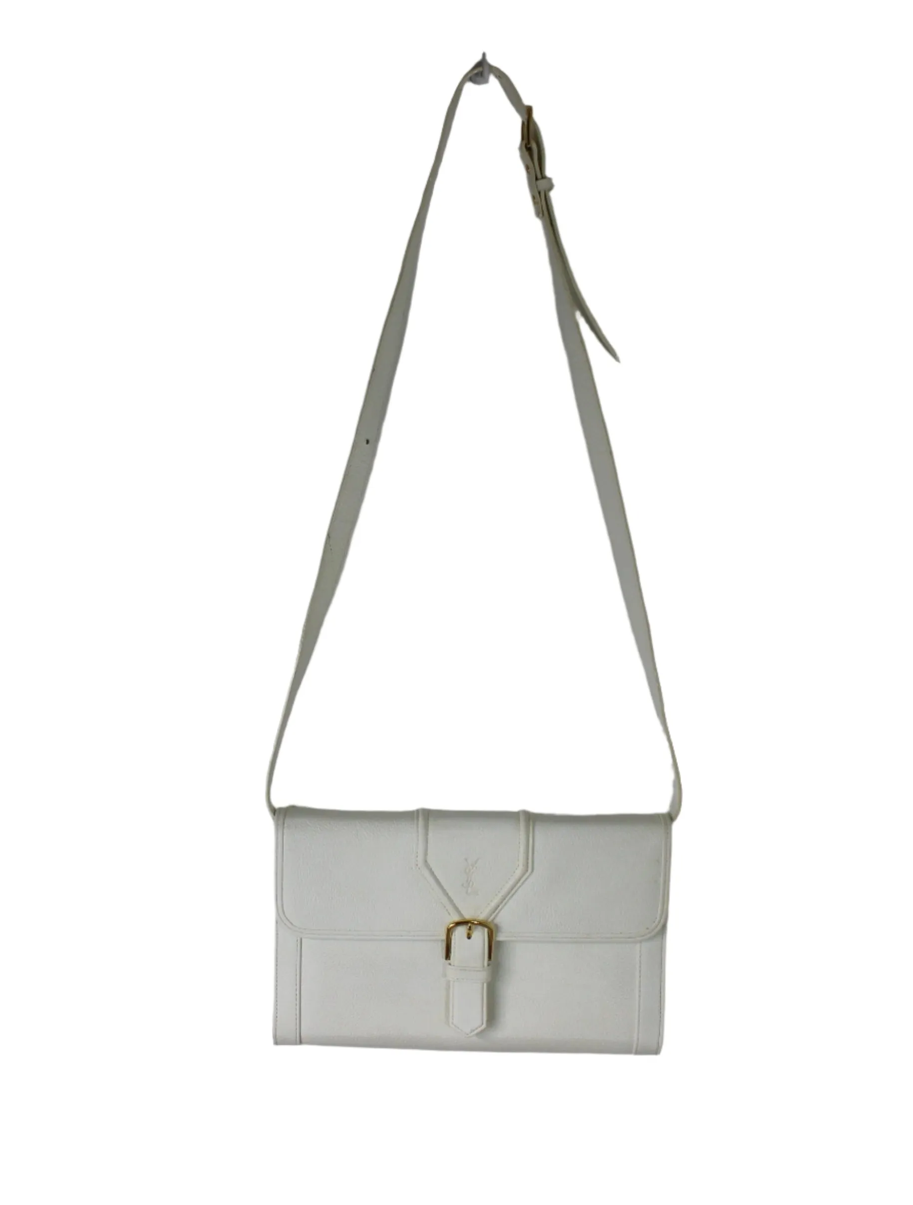 Yves Saint Laurent White Leather Gold Buckle Crossbody Clutch Bag