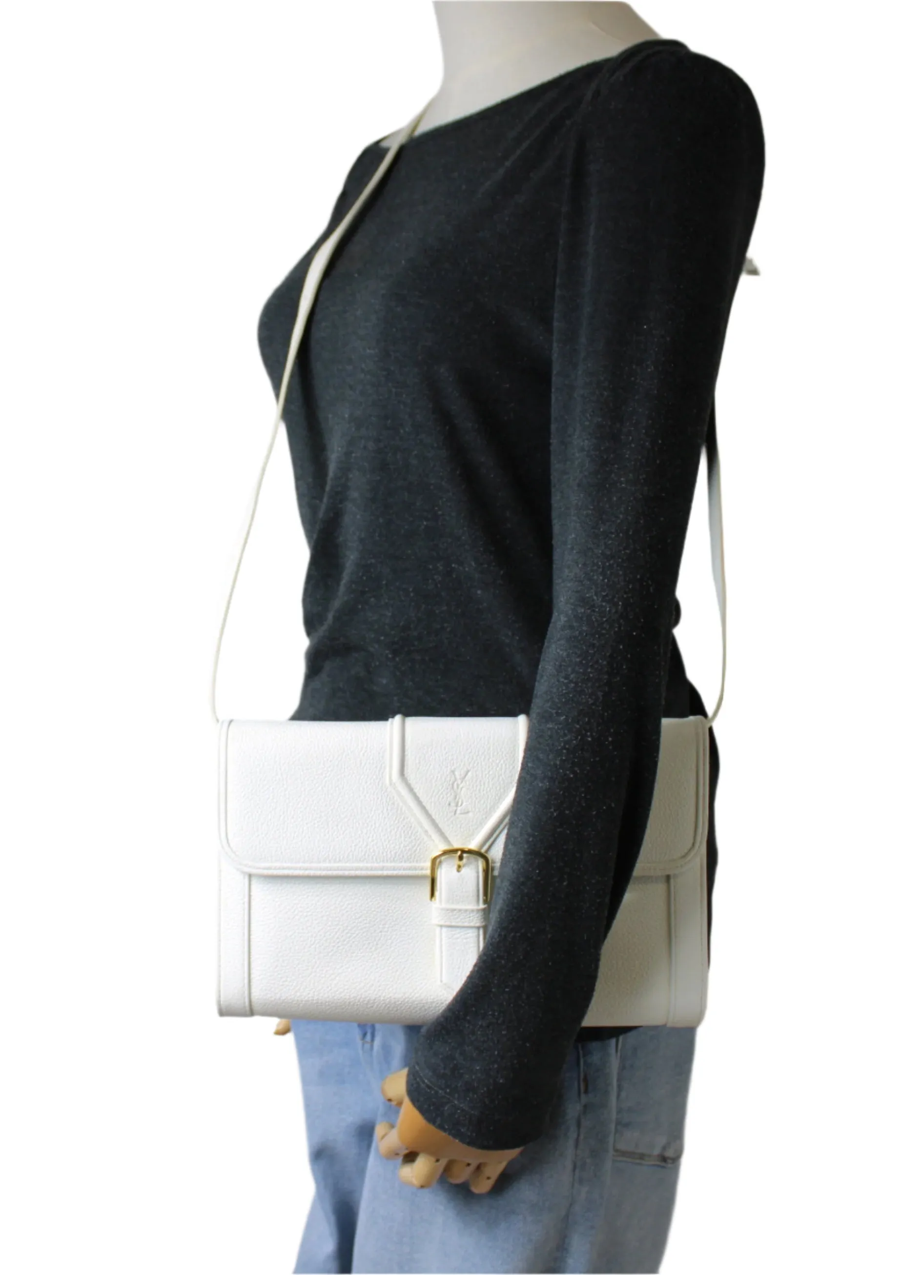Yves Saint Laurent White Leather Gold Buckle Crossbody Clutch Bag