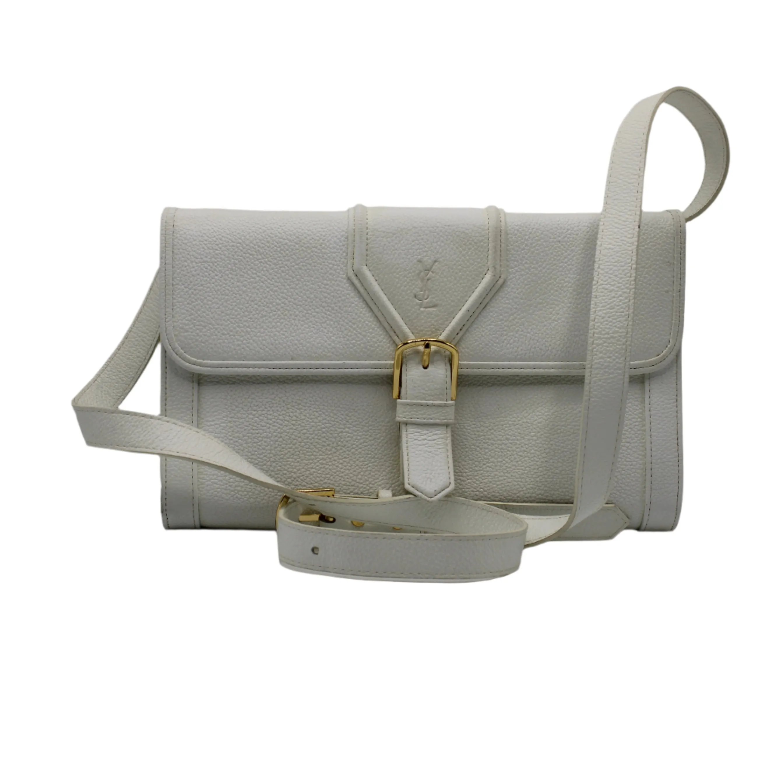Yves Saint Laurent White Leather Gold Buckle Crossbody Clutch Bag
