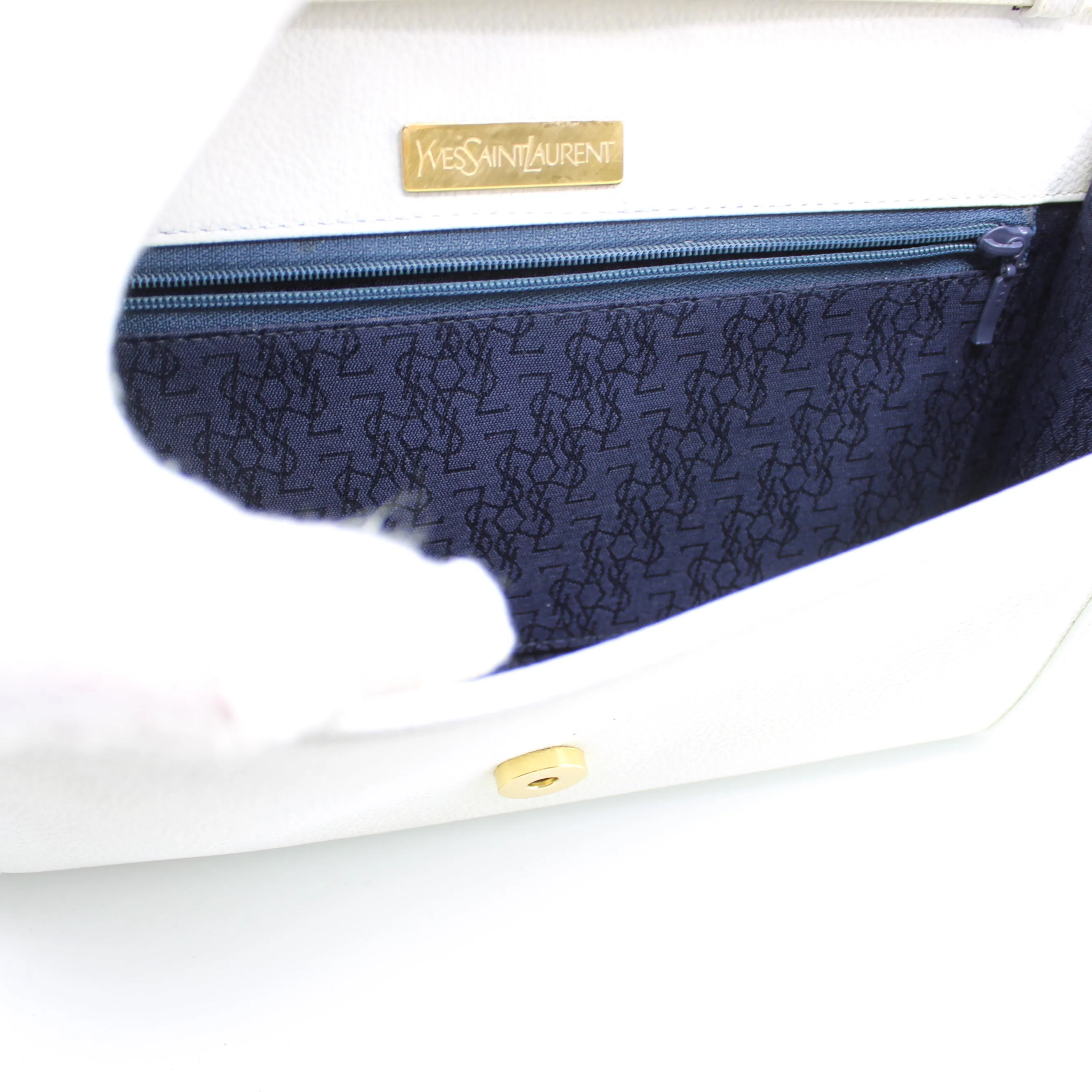 Yves Saint Laurent White Leather Gold Buckle Crossbody Clutch Bag