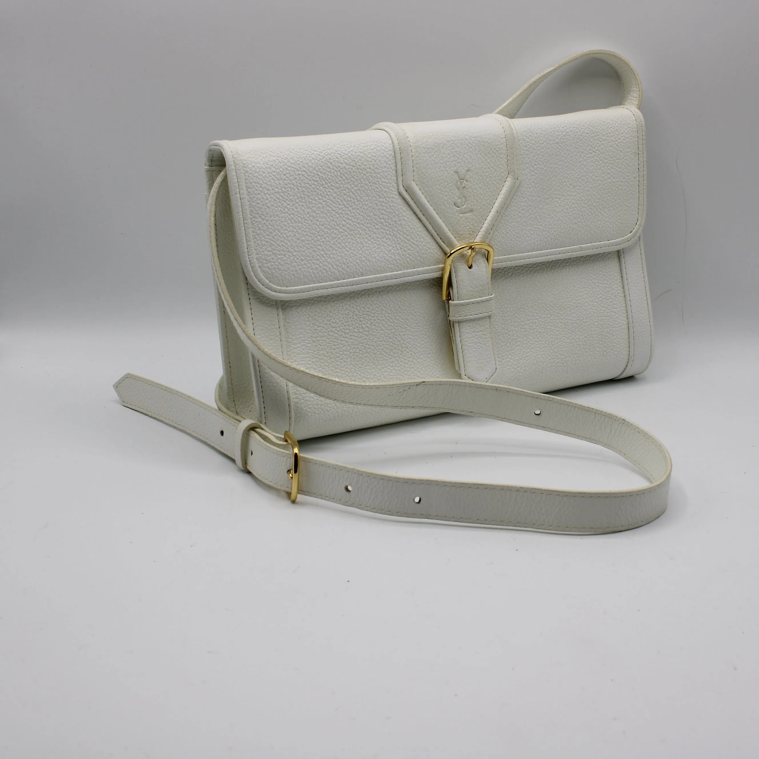 Yves Saint Laurent White Leather Gold Buckle Crossbody Clutch Bag