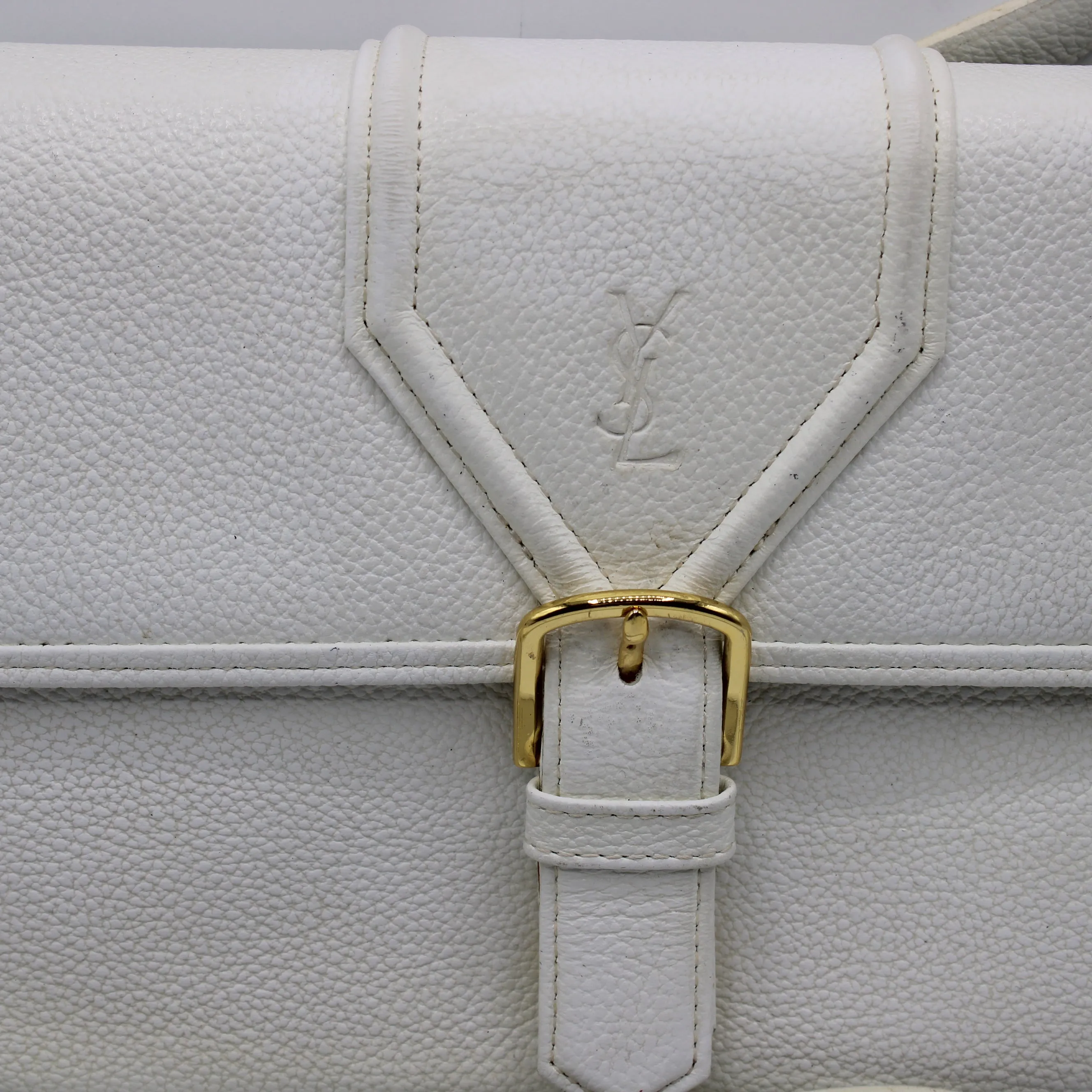 Yves Saint Laurent White Leather Gold Buckle Crossbody Clutch Bag