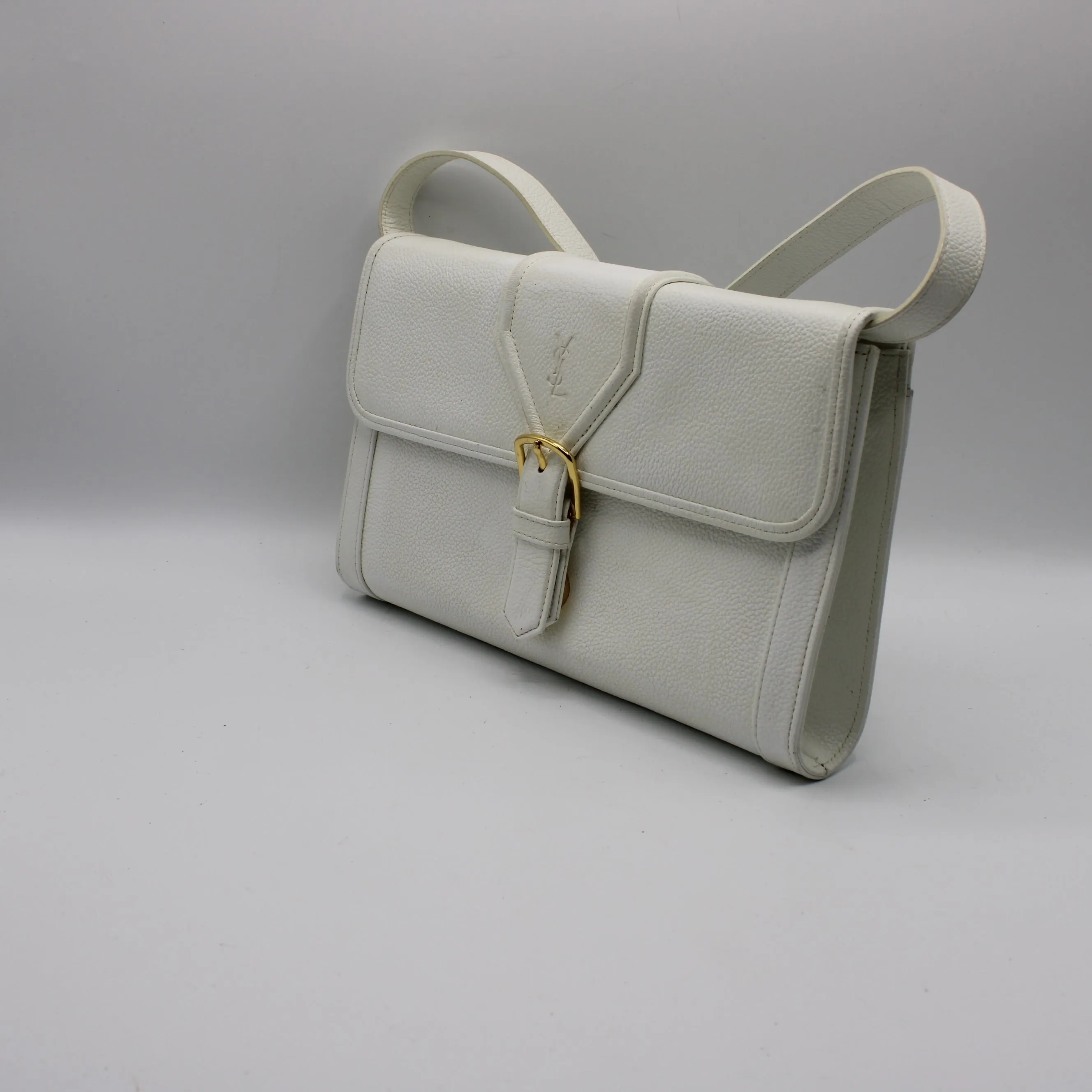 Yves Saint Laurent White Leather Gold Buckle Crossbody Clutch Bag