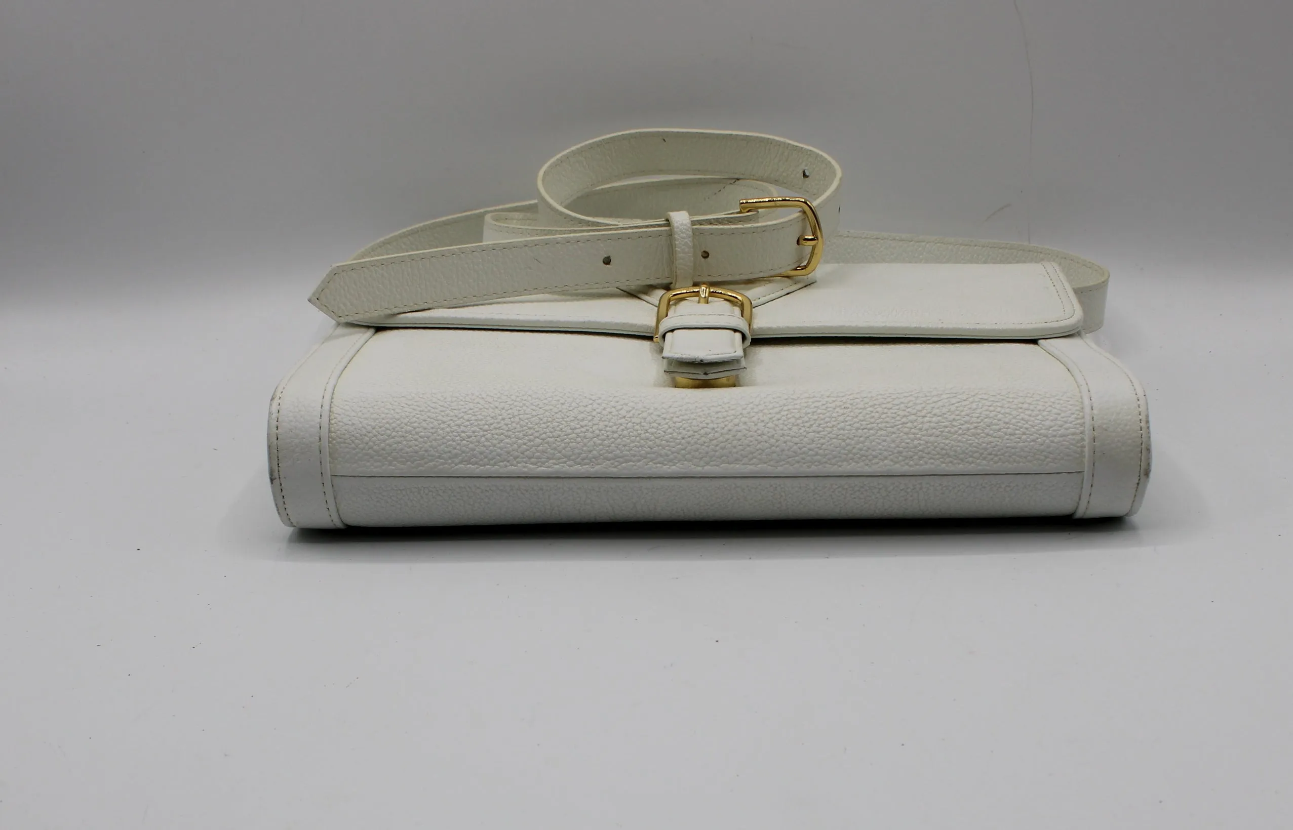 Yves Saint Laurent White Leather Gold Buckle Crossbody Clutch Bag